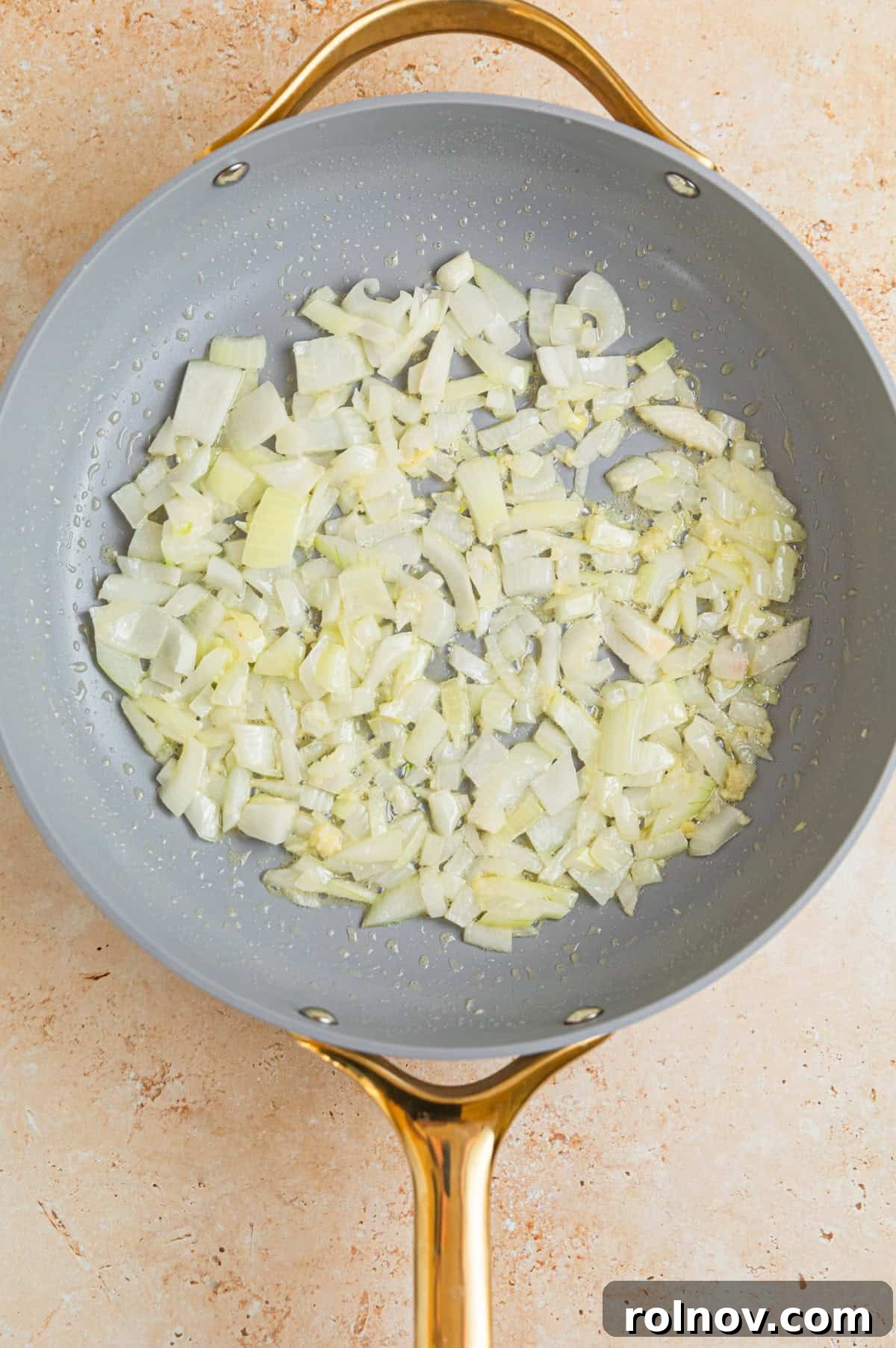 Creamy Ground Turkey Stroganoff 4 Sautéed onions in butter in skillet.