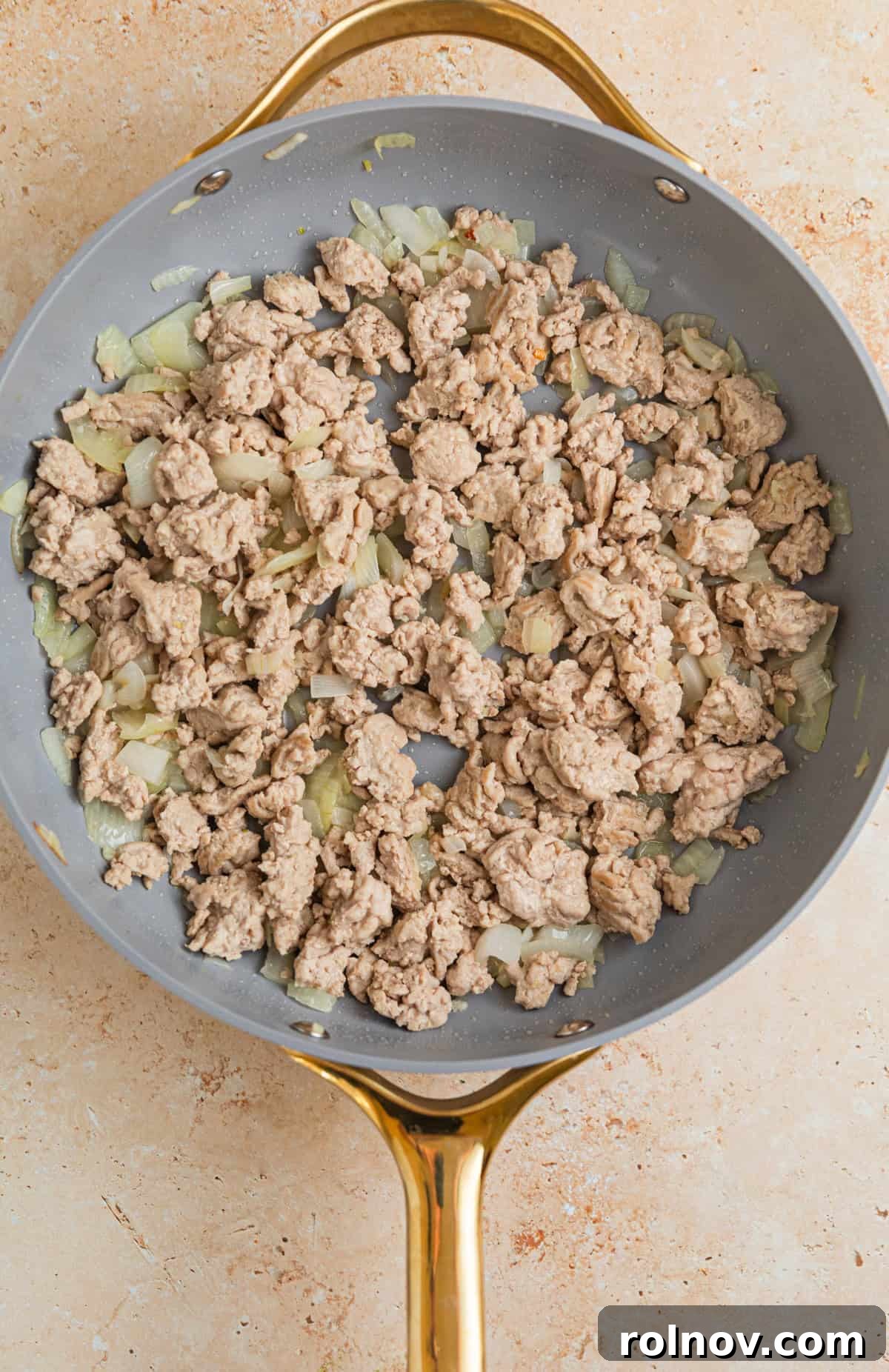 Creamy Ground Turkey Stroganoff 5 Ground turkey browned in skillet with onions and garlic.