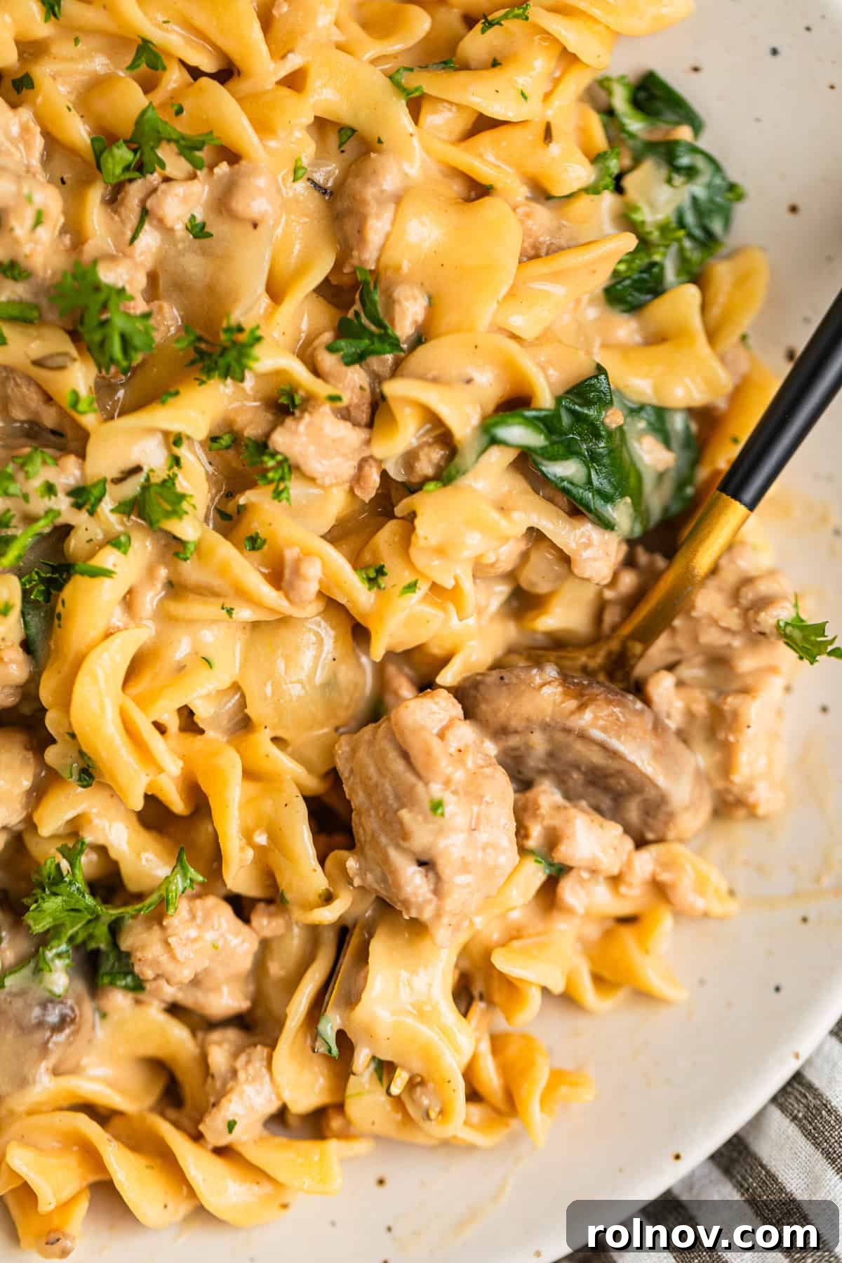 Creamy Ground Turkey Stroganoff 10 Plate with one pot ground turkey stroganoff served with egg noodles and fork scooping in.