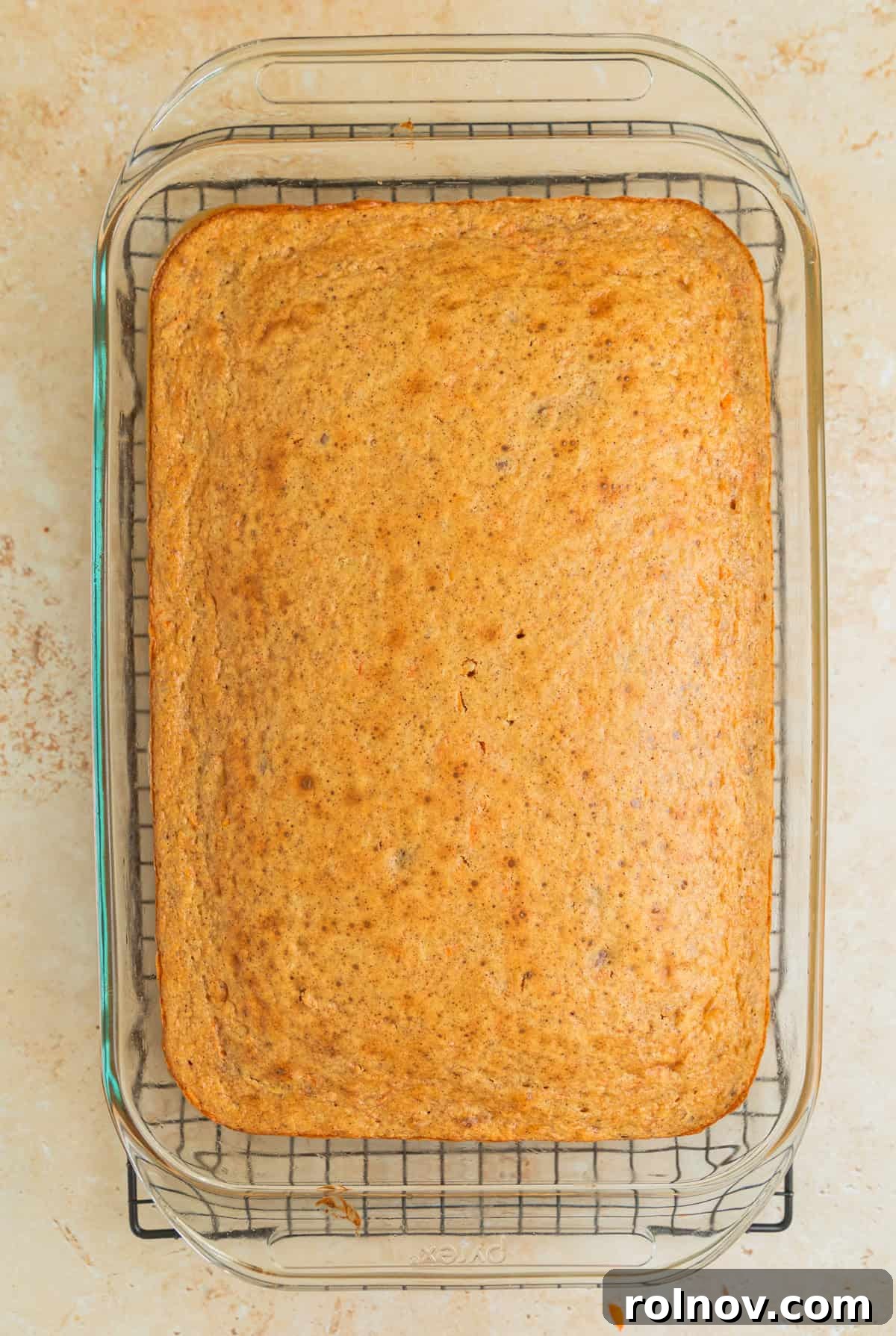 Foolproof Box Mix Carrot Cake 9 Freshly baked carrot cake cooling in its pan on a wire rack, steam gently rising, ready for frosting once completely cooled.