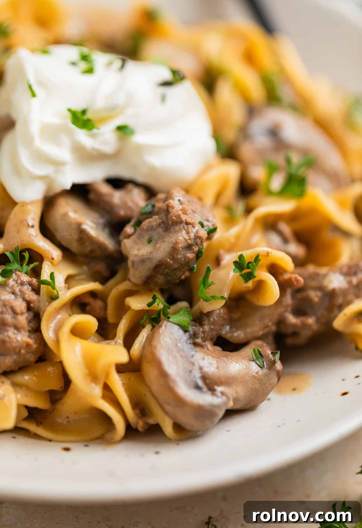 Creamy One-Pot Ground Beef Stroganoff 10 Plate with one-pot ground beef stroganoff topped with chopped parsley and sour cream.