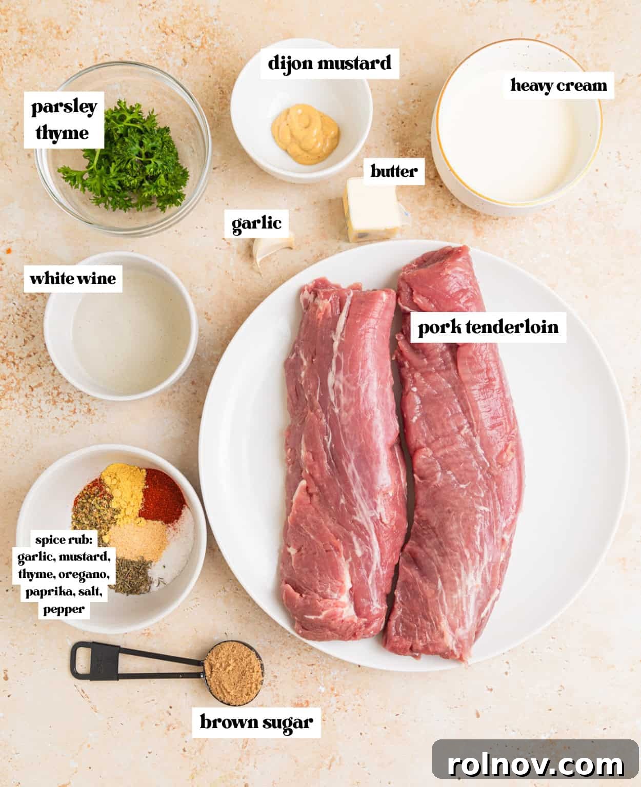 Seared Pork Tenderloin with Dijon Cream 3 Pork tenderloin on plate, cream, herbs, butter, spices and other ingredients arranged on surface with labels.