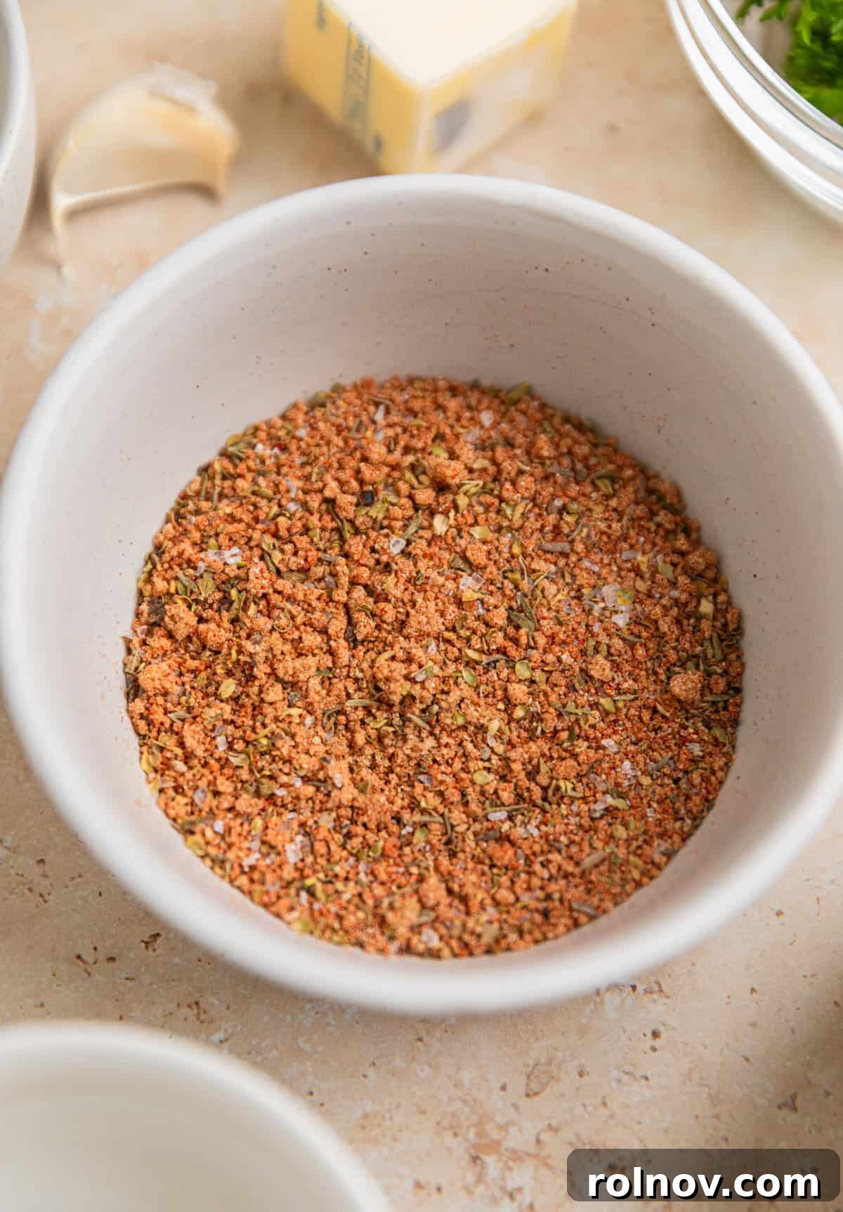 Seared Pork Tenderloin with Dijon Cream 4 Spice rub ingredients in bowl mixed together.