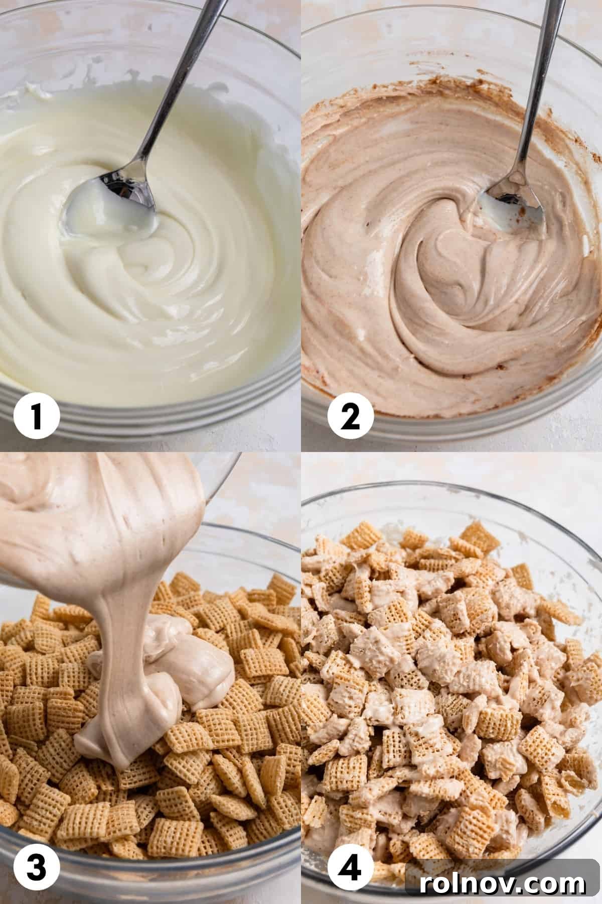 Snickerdoodle Dream Dust 4 Sequential images showing melted white chocolate with cinnamon being stirred, then poured over Chex cereal in a bowl, and finally being mixed to coat the cereal.