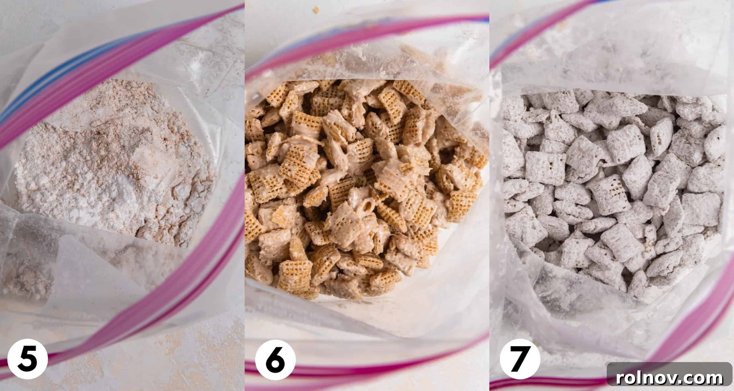 Snickerdoodle Dream Dust 5 Series of images showing powdered sugar in a plastic bag, Chex cereal being added, and the final uniformly coated snickerdoodle puppy chow.