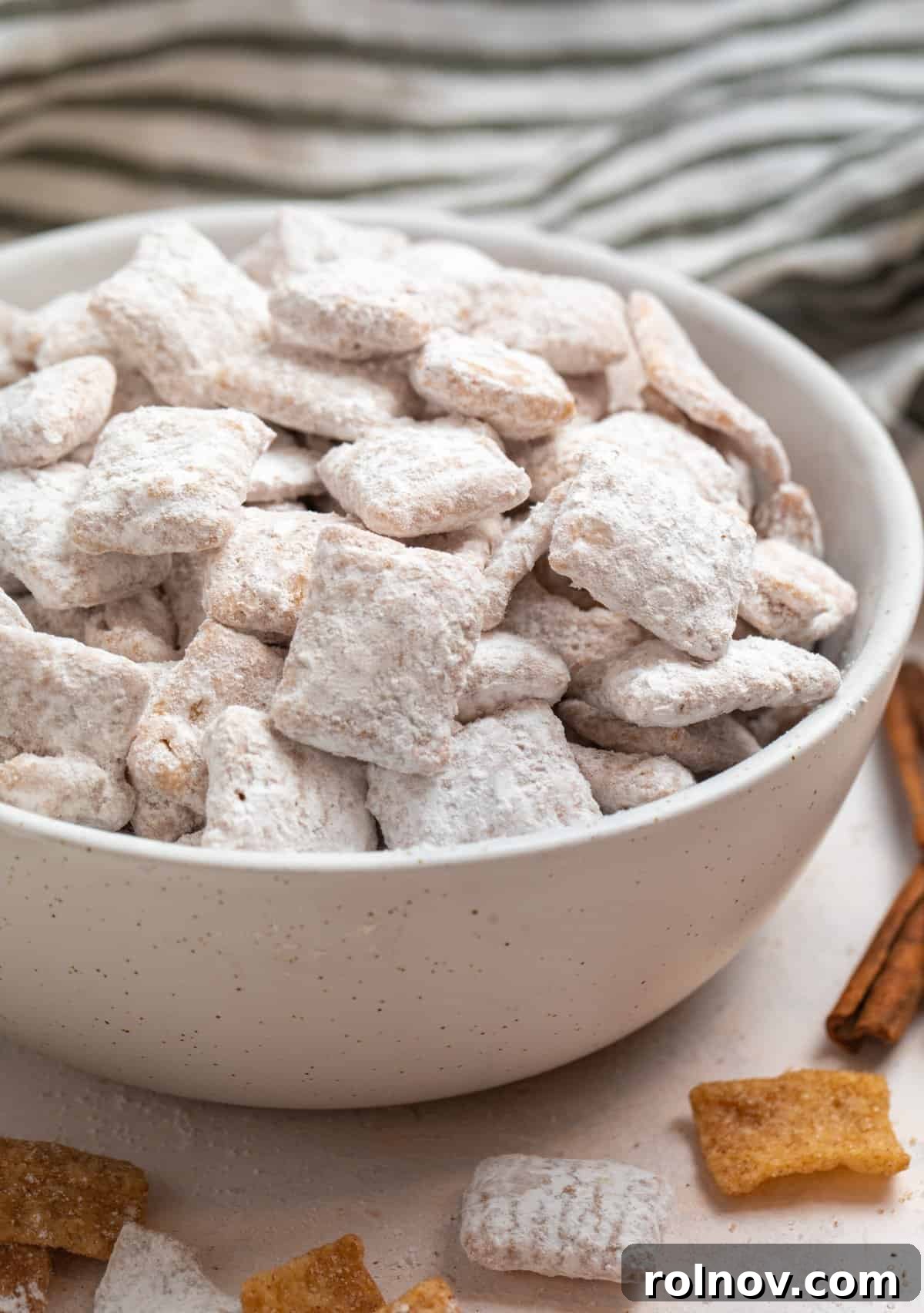 Snickerdoodle Dream Dust 6 A charming close-up of Snickerdoodle puppy chow in a white bowl, garnished with a cinnamon stick, with loose cereal pieces scattered beside it.