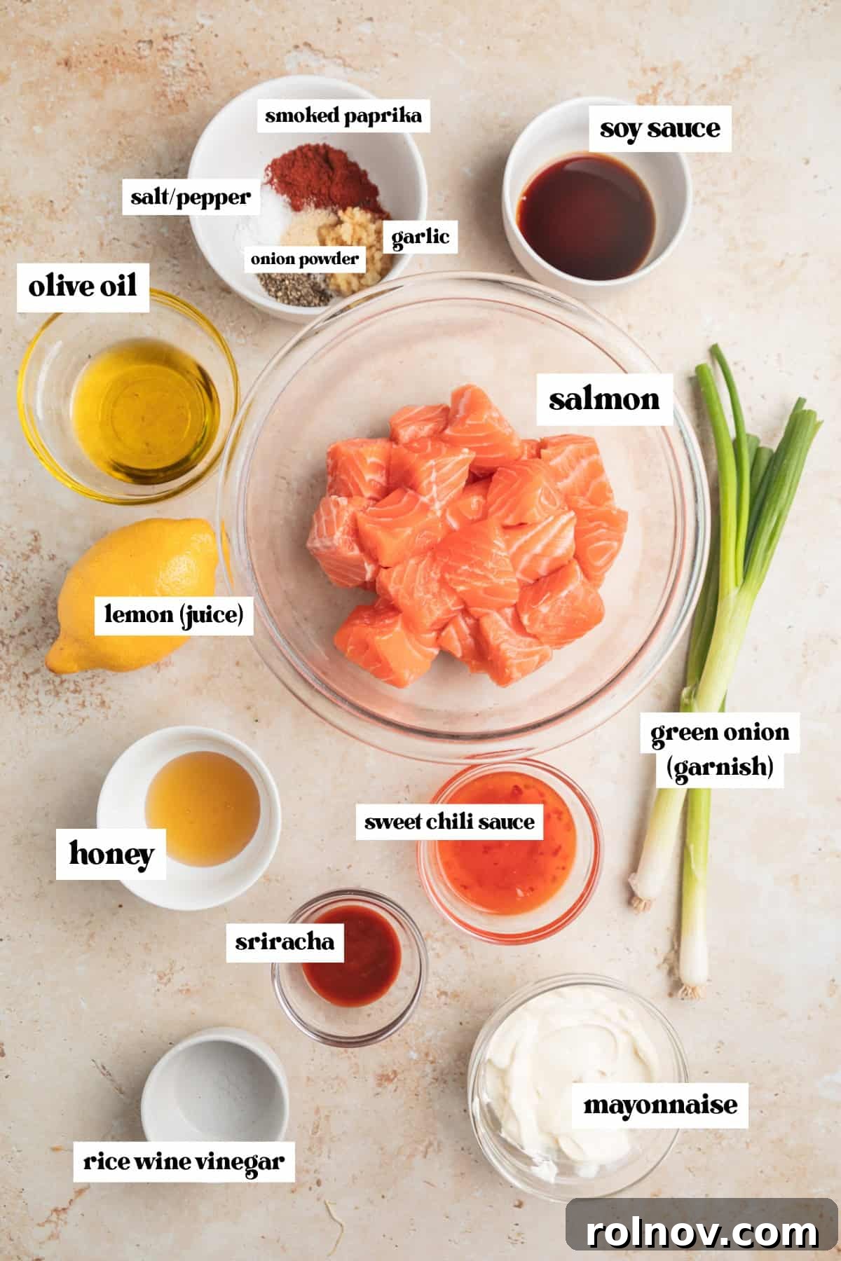 Crispy Air Fryer Salmon Bites 3 Salmon, onion, soy sauce, and other labeled ingredients needed for recipe.