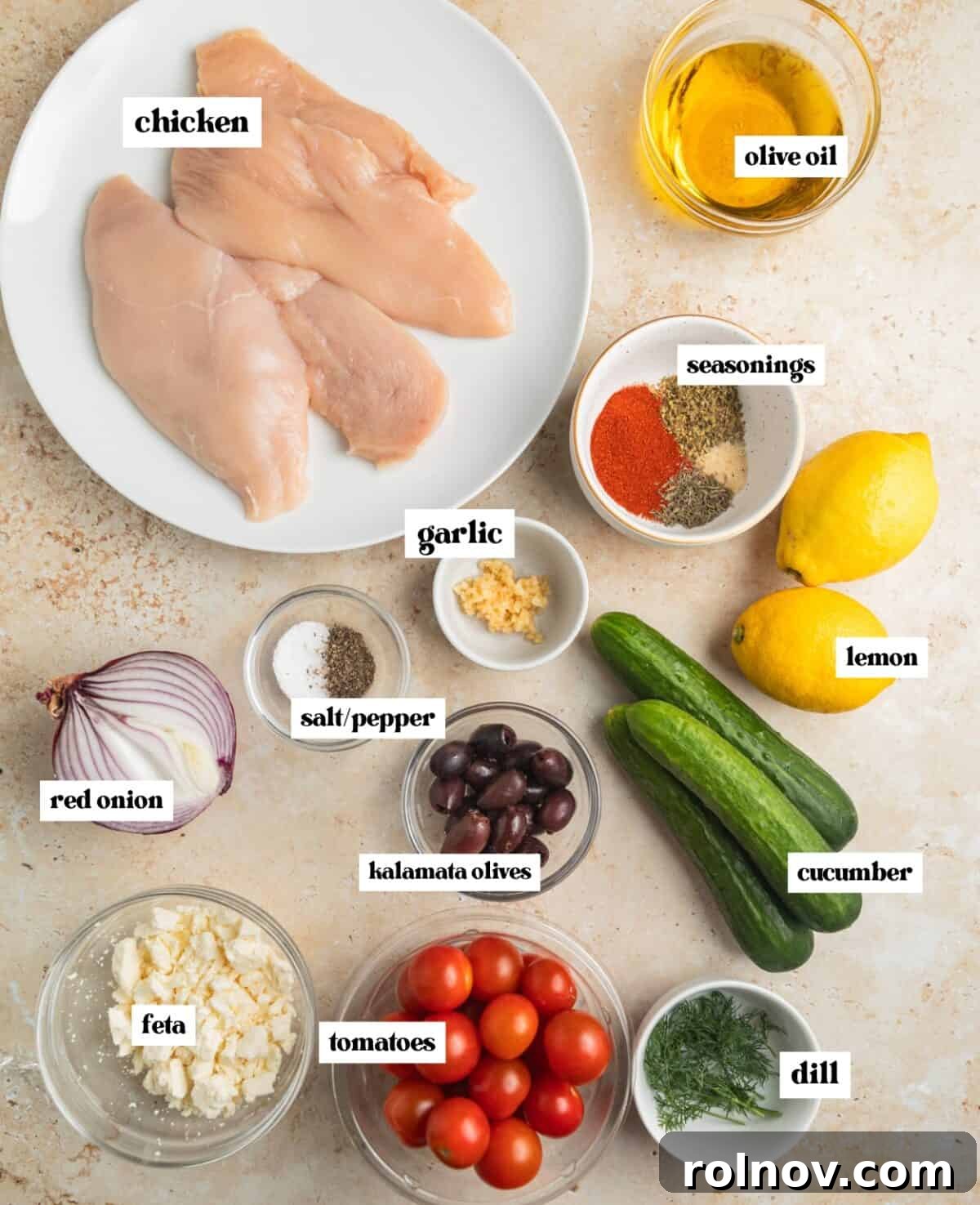 Chicken breast, cucumbers, olive oil, seasonings and other labeled ingredients on surface.