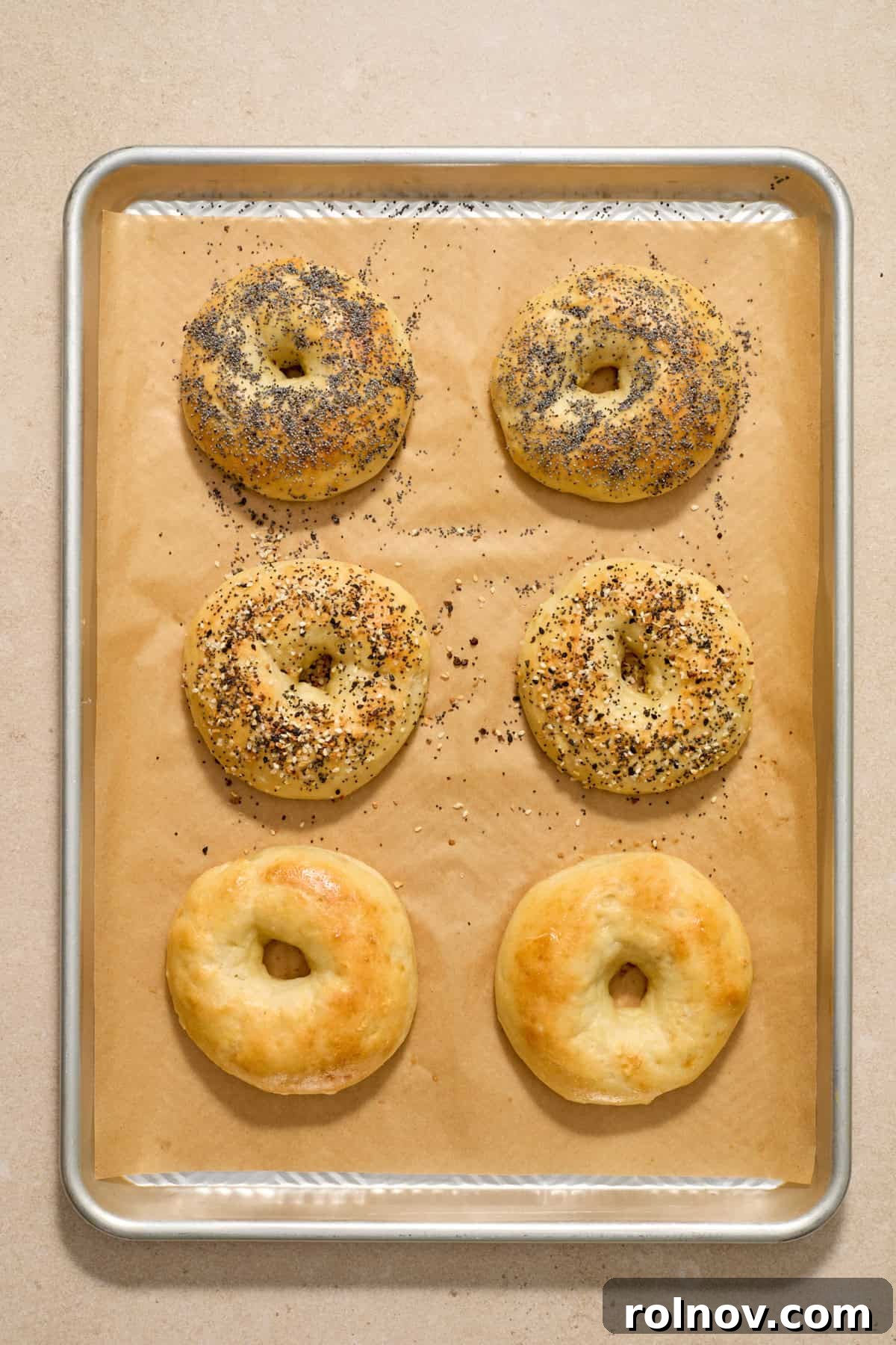 Baked Greek Yogurt Bagels Freshly baked protein-rich Greek yogurt bagels, golden brown and perfectly risen, resting on a parchment-lined cookie sheet.