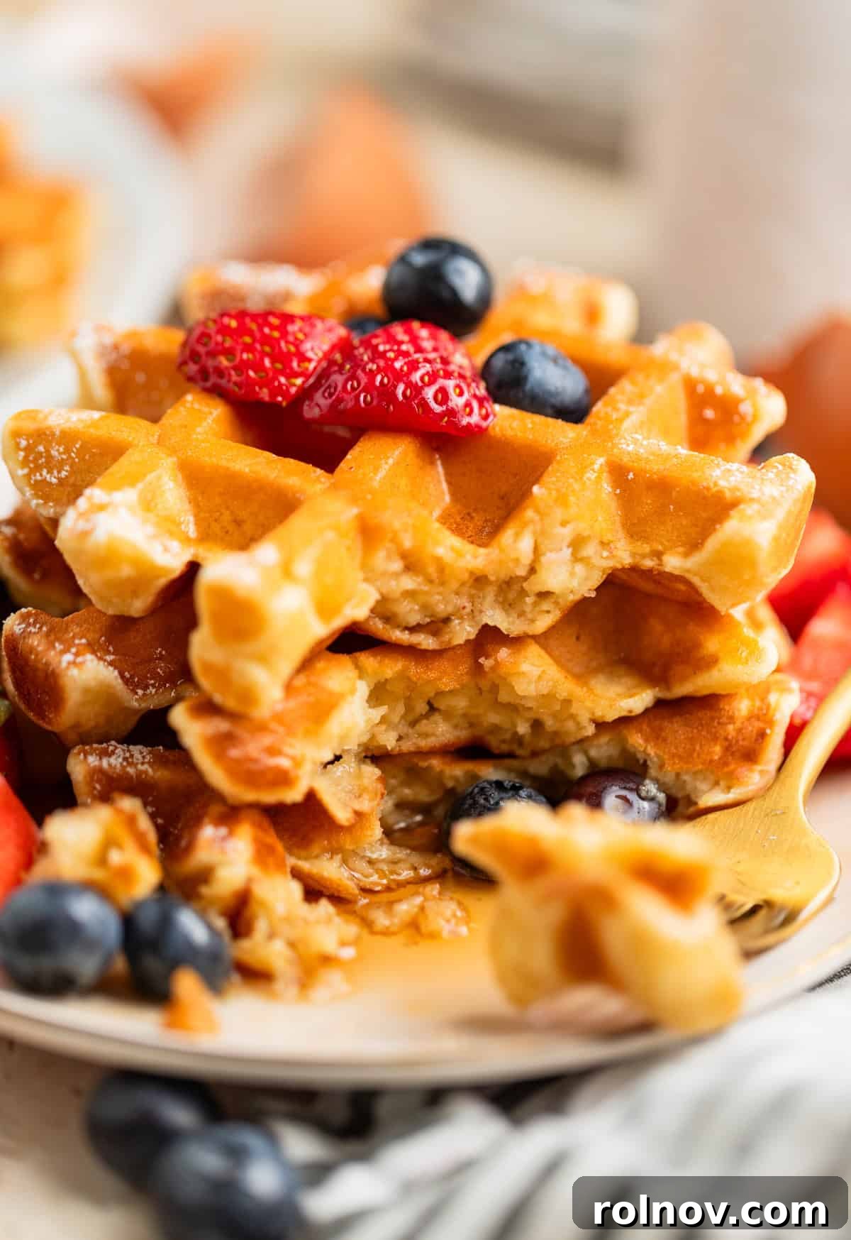 Cottage Cloud Waffles 7 A fork holding a piece of waffle, propped against a stack of golden waffles drizzled with maple syrup.