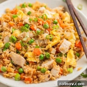 Quick Homestyle Chicken Fried Rice 10 White plate with chicken fried rice topped with sliced scallions.
