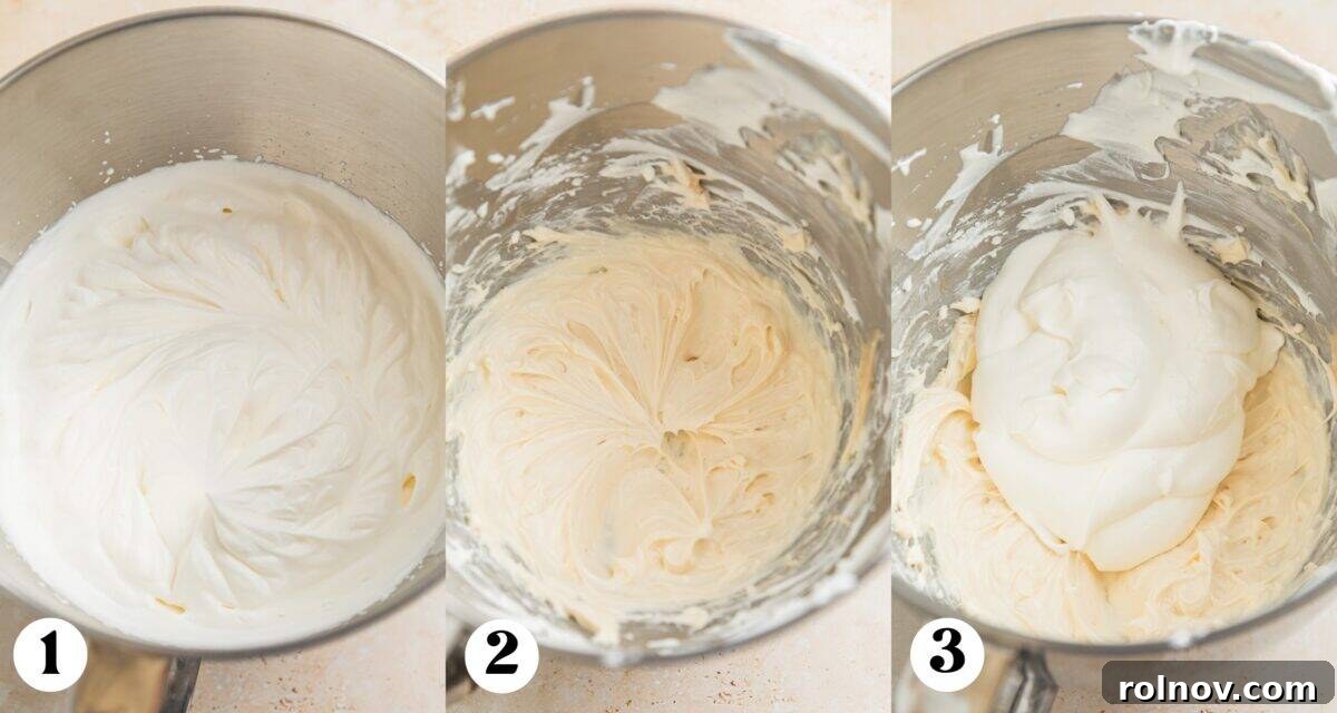No-Bake Strawberry Dream Cake 4 Image shows freshly whipped cream in one bowl and softened cream cheese being beaten until smooth in another, essential steps for preparing the creamy filling of the icebox cake.