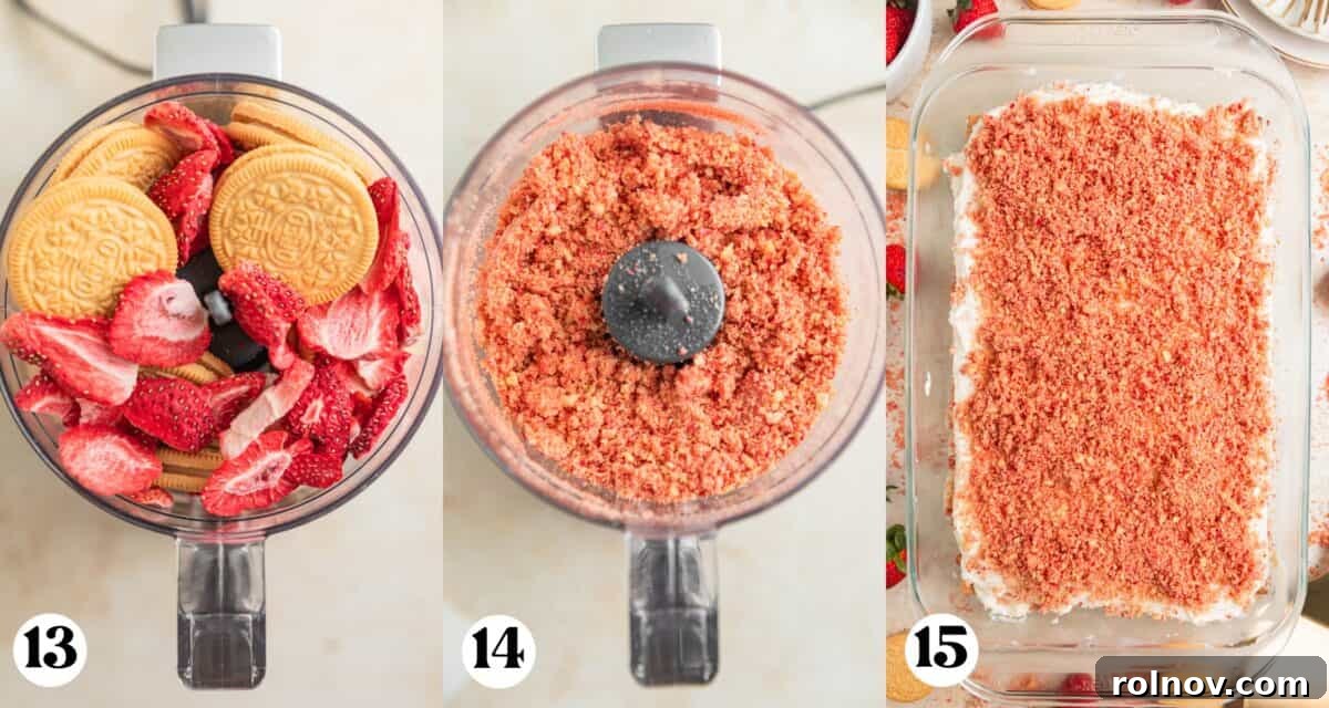 No-Bake Strawberry Dream Cake 8 A visual sequence demonstrating the creation of the strawberry crunch topping: Golden Oreos and freeze-dried strawberries in a food processor, then processed into fine crumbs with butter, and finally, the finished Strawberry Cream Cheese Icebox Cake topped generously with the delightful crunch.