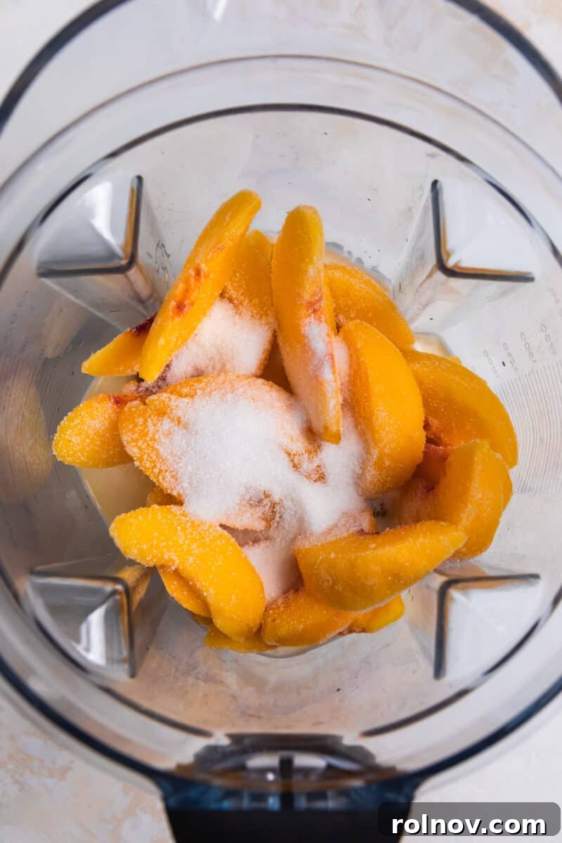 Peaches & Cream Pops 3 Peaches, sugar and other peach popsicle ingredients in blender.