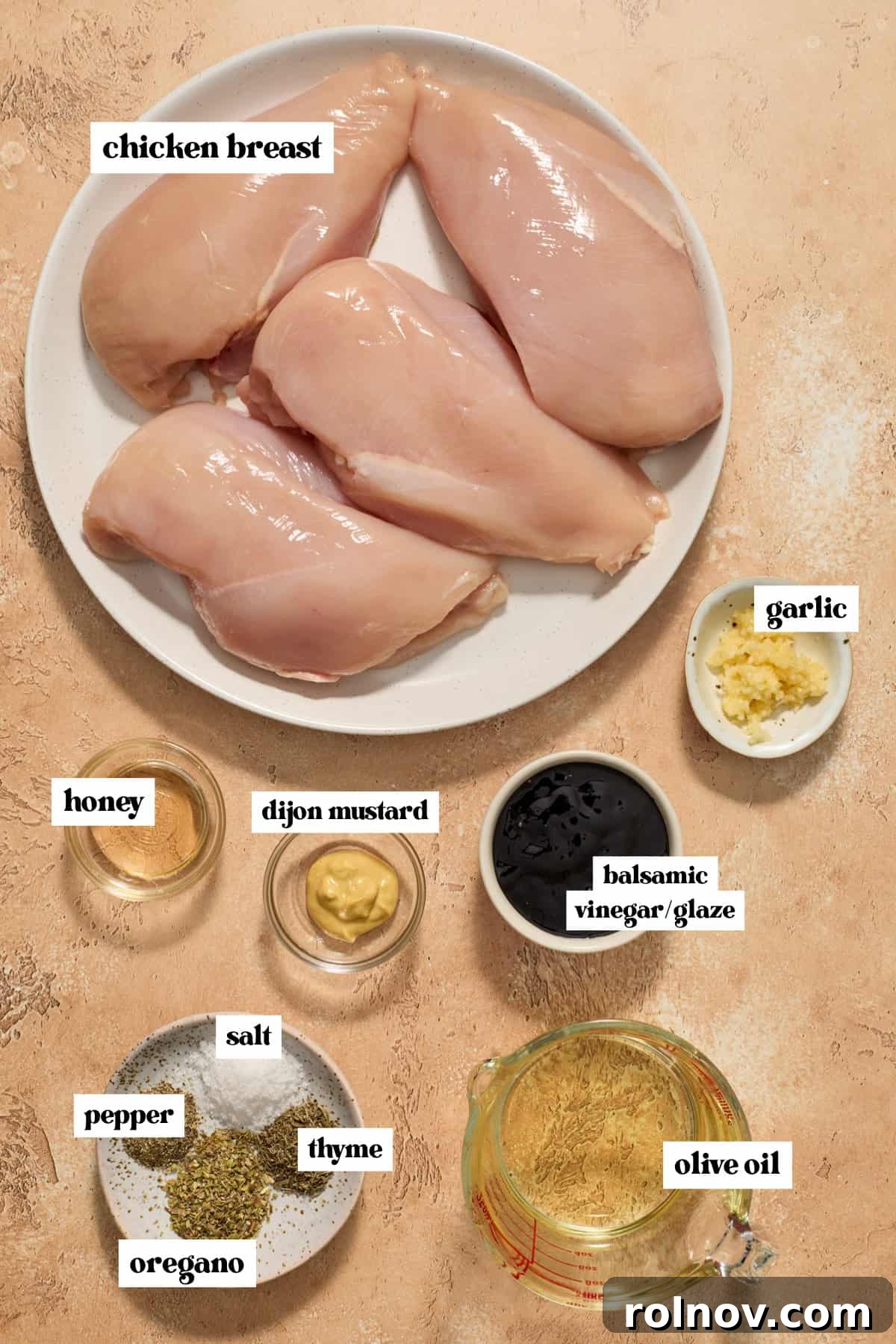 Grilled Balsamic Glazed Chicken Breast 3 Labeled ingredients on surface needed to make recipe.