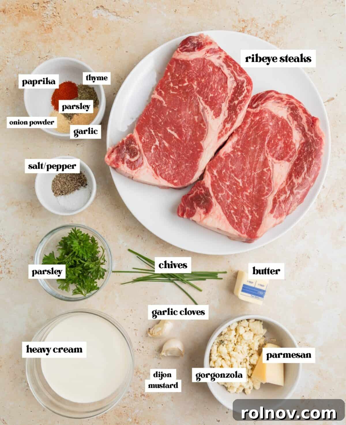 Ribeye Perfection with Gorgonzola Cream 3 Labeled ingredients to make grilled steak and cream sauce recipe including ribeye steaks, butter, cream, gorgonzola, parmesan, garlic, and spices.
