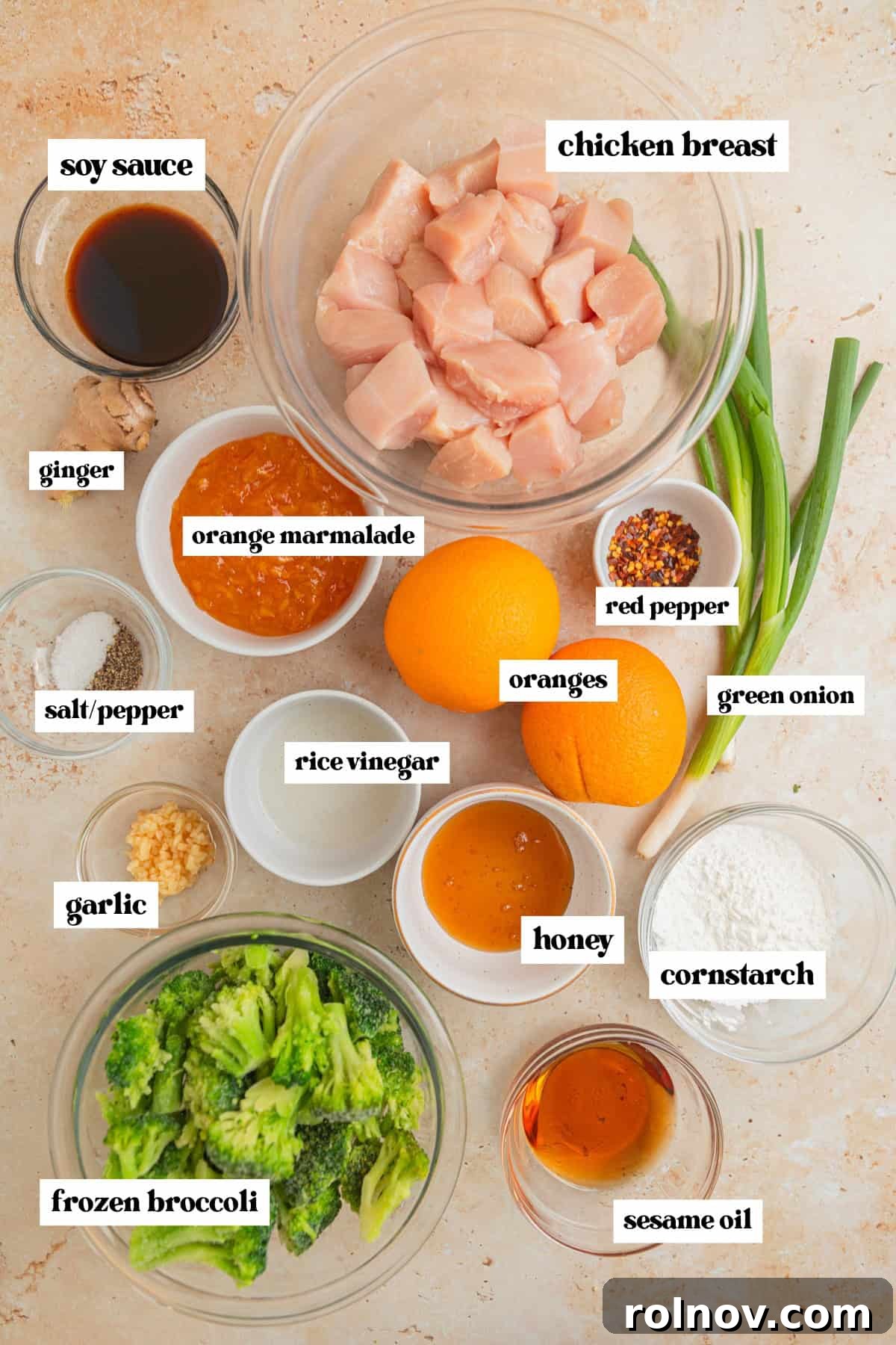 Zesty Slow Cooker Orange Chicken 3 Cubed chicken breast, frozen broccoli florets, fresh oranges, and other vibrant ingredients laid out for orange chicken preparation.