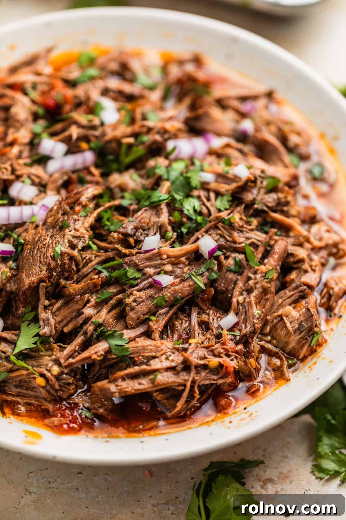 Melt In Your Mouth Slow Cooker Beef Tacos 10 Shredded beef taco meat in plate topped with onion and chopped cilantro.