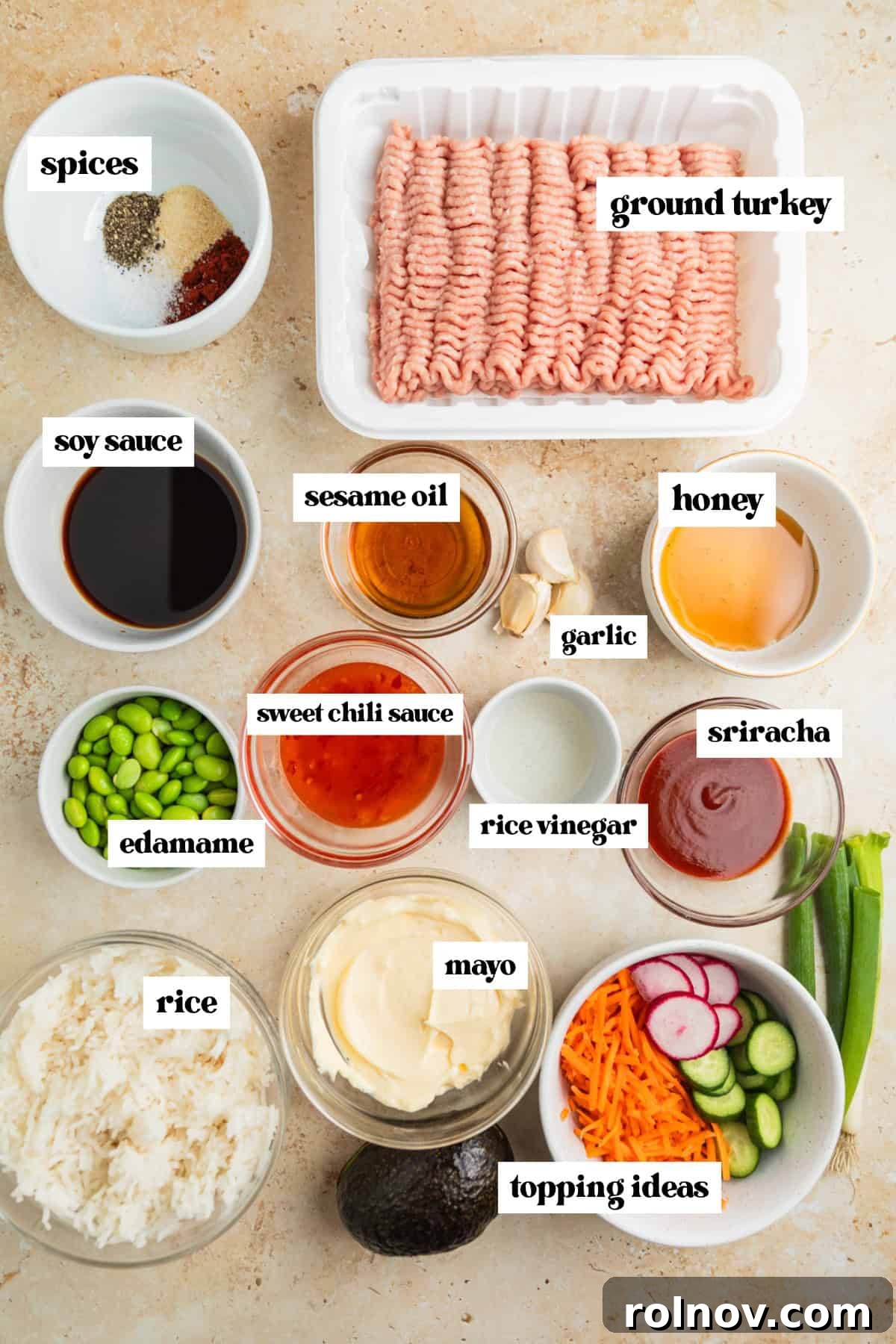 Savory Turkey Rice Power Bowls 3 A selection of key ingredients for ground turkey rice bowls, including ground turkey, soy sauce, honey, and various seasonings, neatly arranged on a kitchen surface.