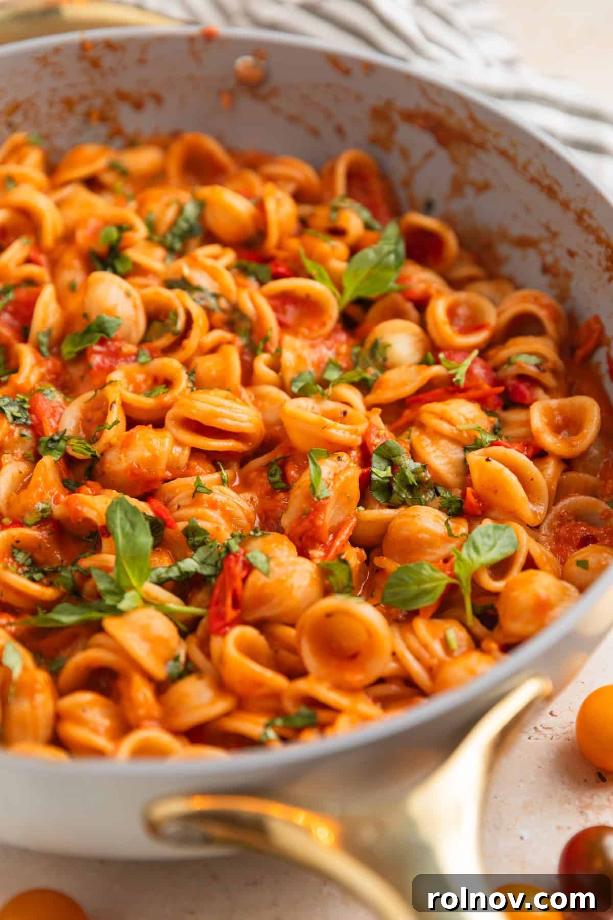 Sun-Kissed Cherry Tomato Delight 2 Pan with vibrant cherry tomato pasta, richly coated in sauce and generously topped with fresh basil leaves, ready to be served.