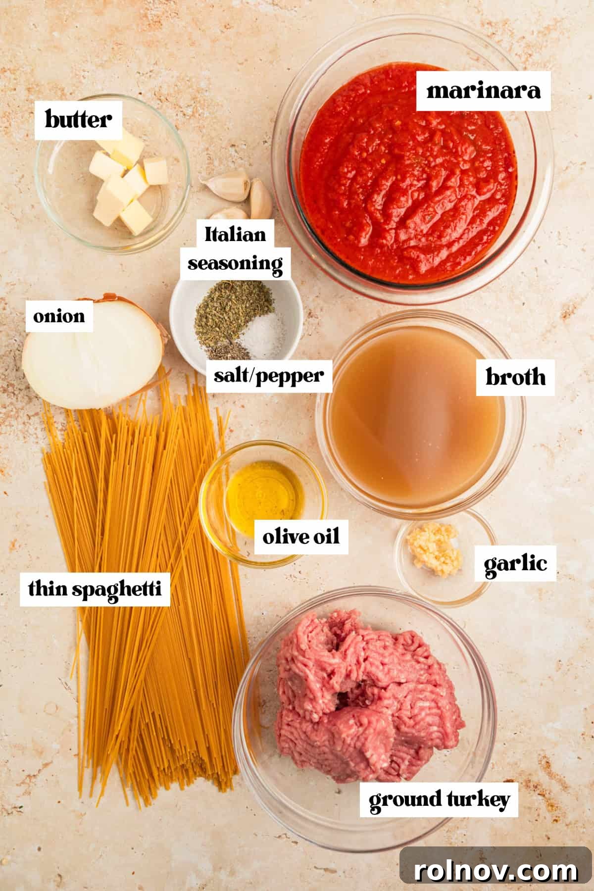 One-Pot Wonder Spaghetti 4 A flat lay of fresh ingredients for spaghetti: a jar of marinara sauce, dried pasta, raw ground turkey, and various seasonings arranged on a rustic surface.