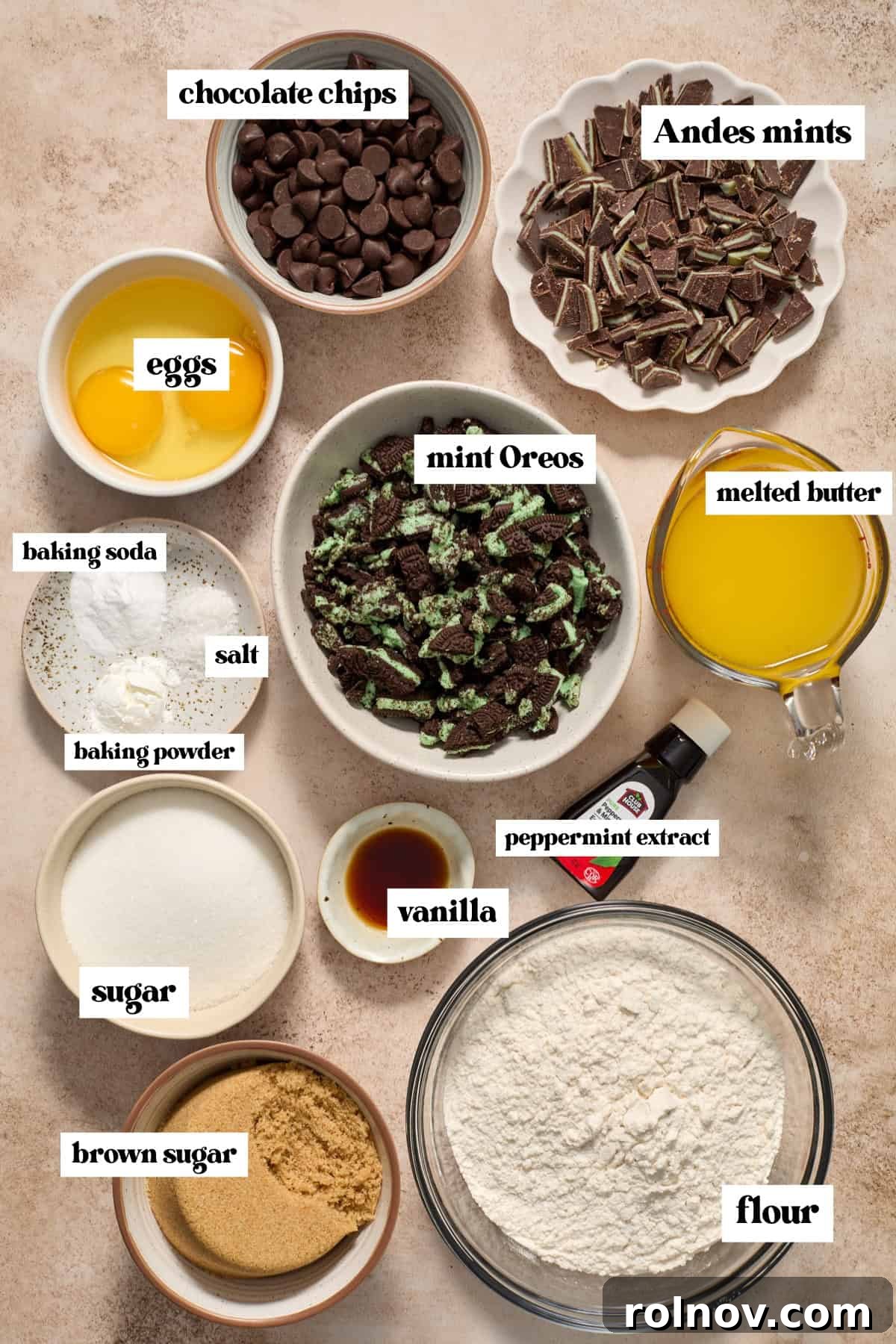 Arrangement of key cookie ingredients including butter sticks, eggs, brown sugar, white sugar, various mints, and chocolate chips.