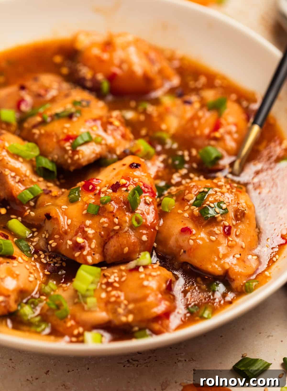 Sweet and Savory Apricot Slow-Cooked Chicken 2 Bowl with slow cooker apricot chicken served with chopped green onions on top.