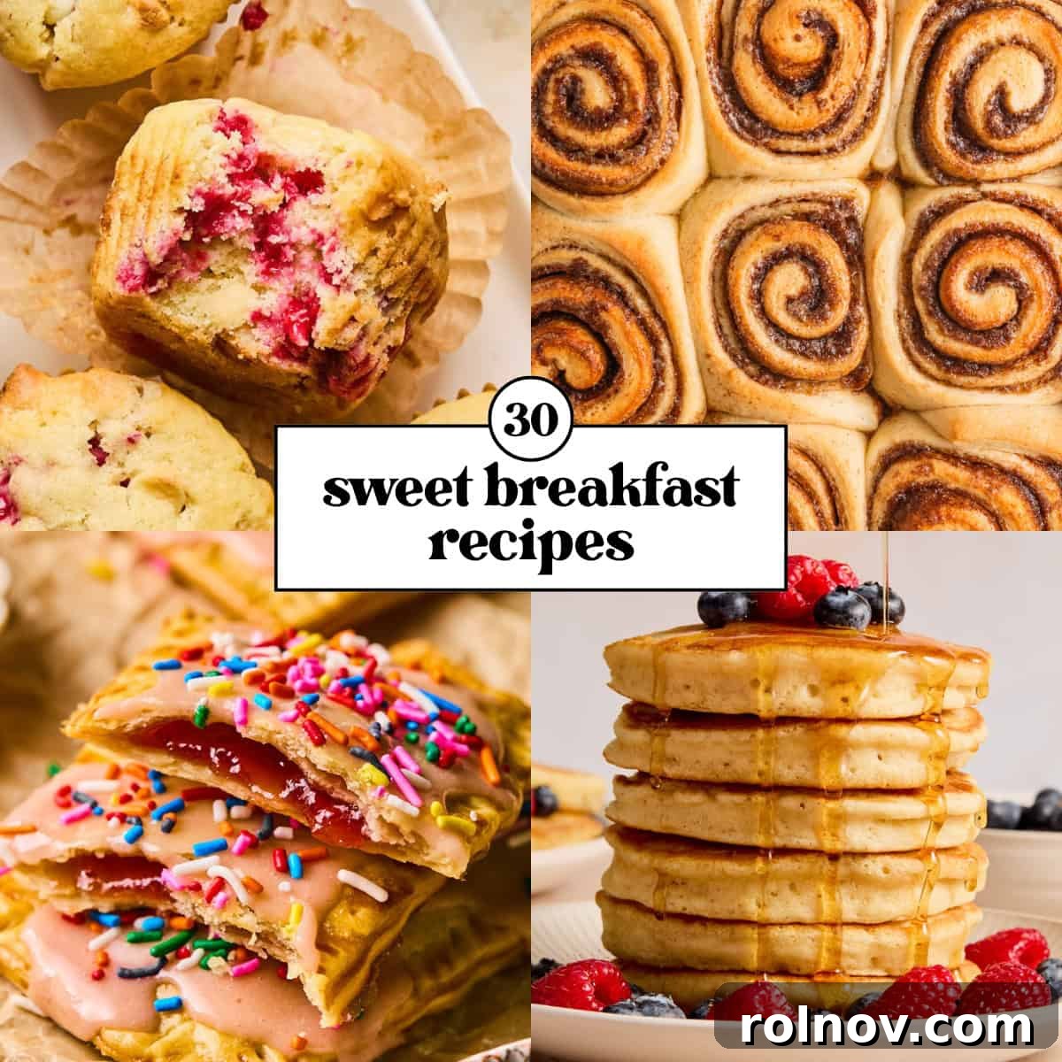 Collage with cinnamon rolls, pop tarts, pancakes and muffin.