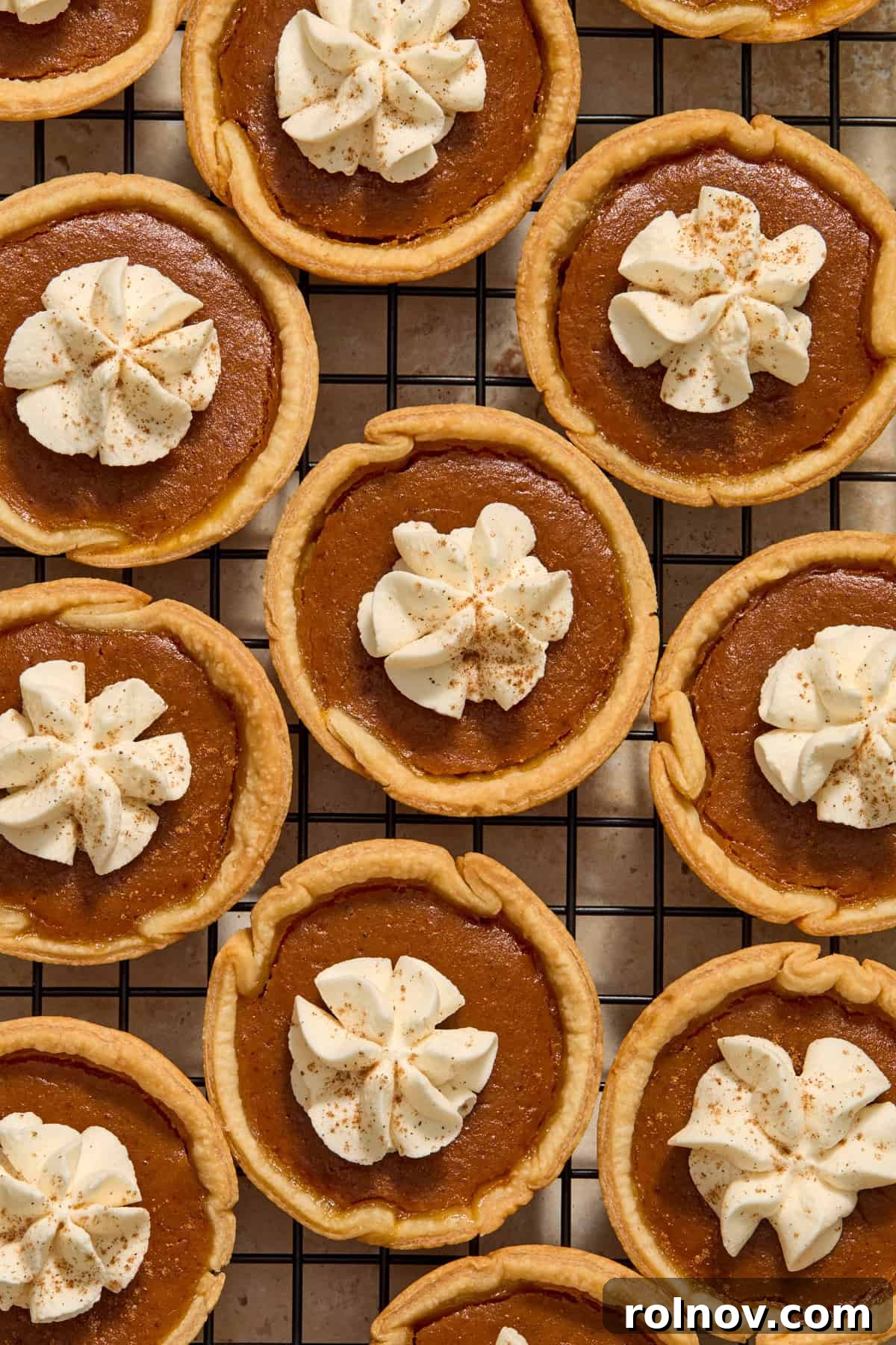 Bite-Sized Pumpkin Delights 2 Cooling rack with miniature pumpkin pies topped with fluffy brown sugar whipped cream and a sprinkle of cinnamon, ready for serving.