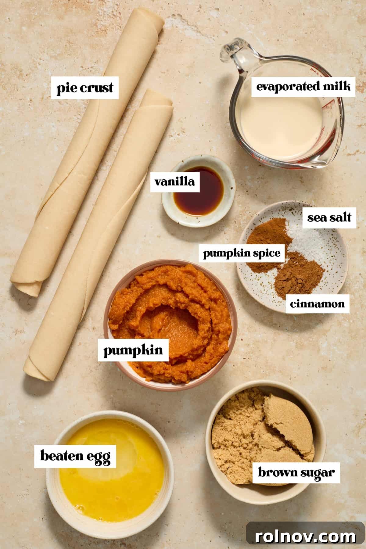 Bite-Sized Pumpkin Delights 4 A selection of raw ingredients including a rolled pie crust, a can of pumpkin purée, an egg, and various spices, laid out on a wooden surface.