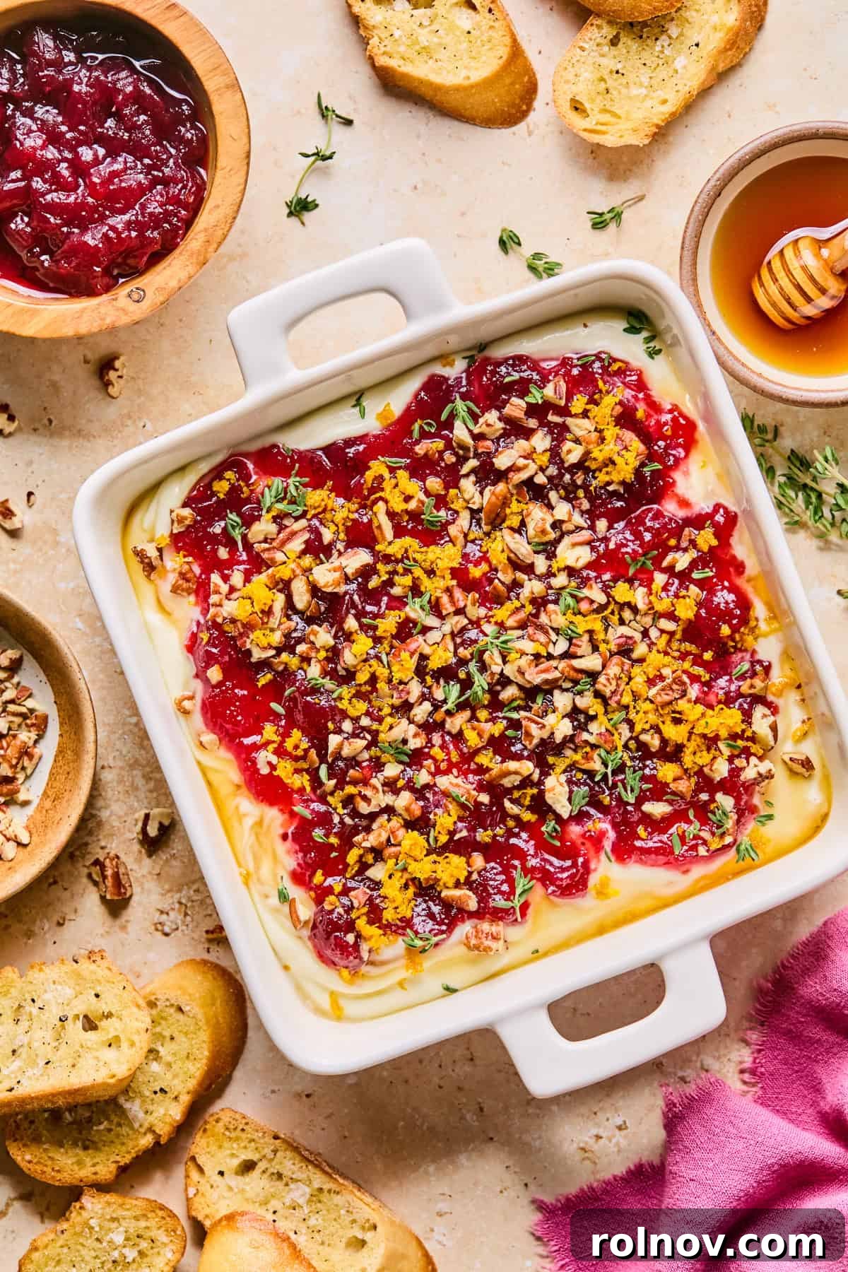 Beautifully assembled whipped ricotta dip, topped with vibrant cranberry sauce, a drizzle of honey, chopped pecans, fresh orange zest, and thyme sprigs.