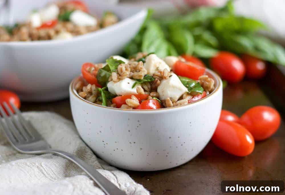 Mediterranean Caprese Farro Salad 2 A bowl of vibrant Caprese Farro Salad, garnished with fresh cherry tomatoes and basil leaves, ready to be served.