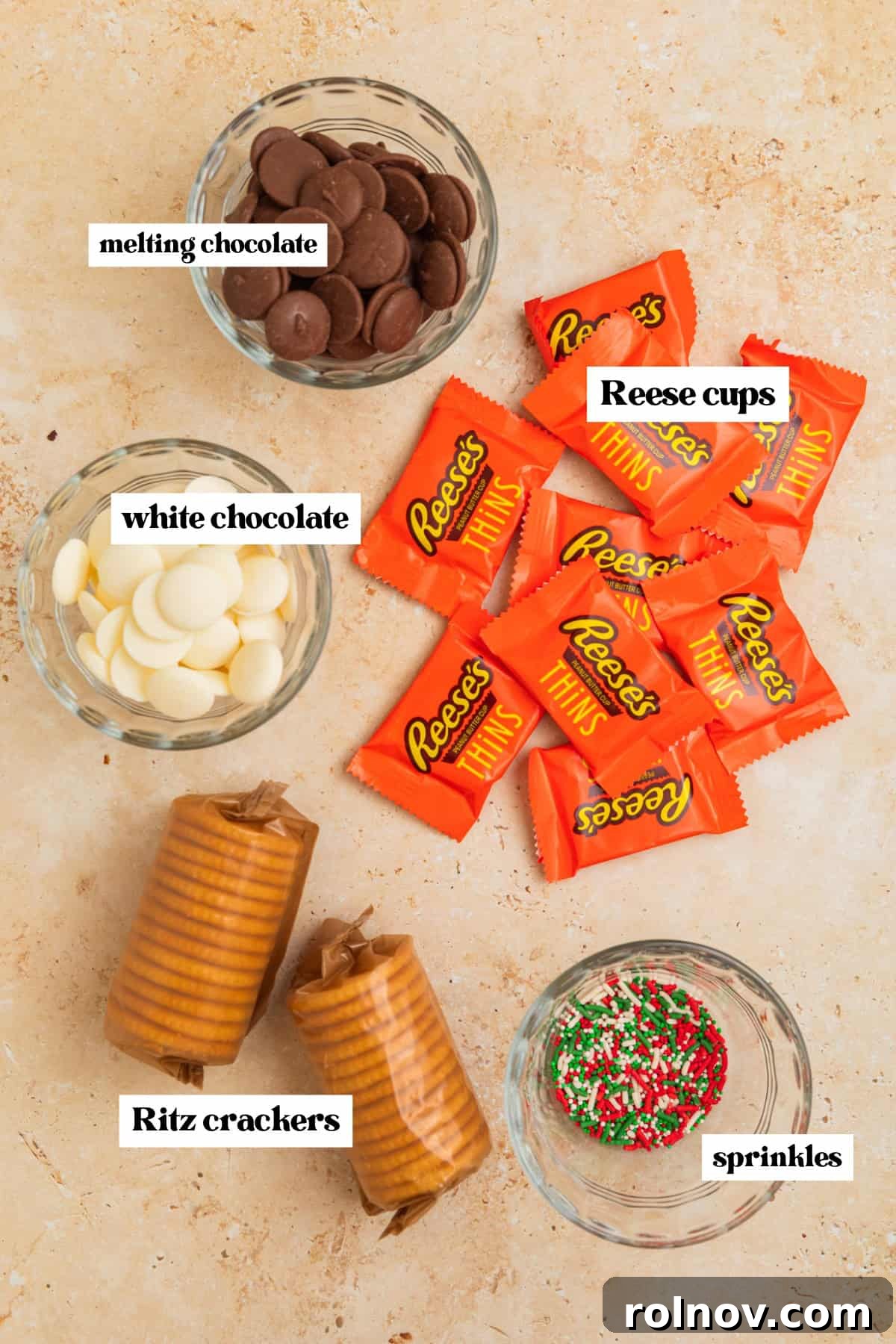 Reese cup thins, chocolate melting wafers, sprinkles and other ingredients.