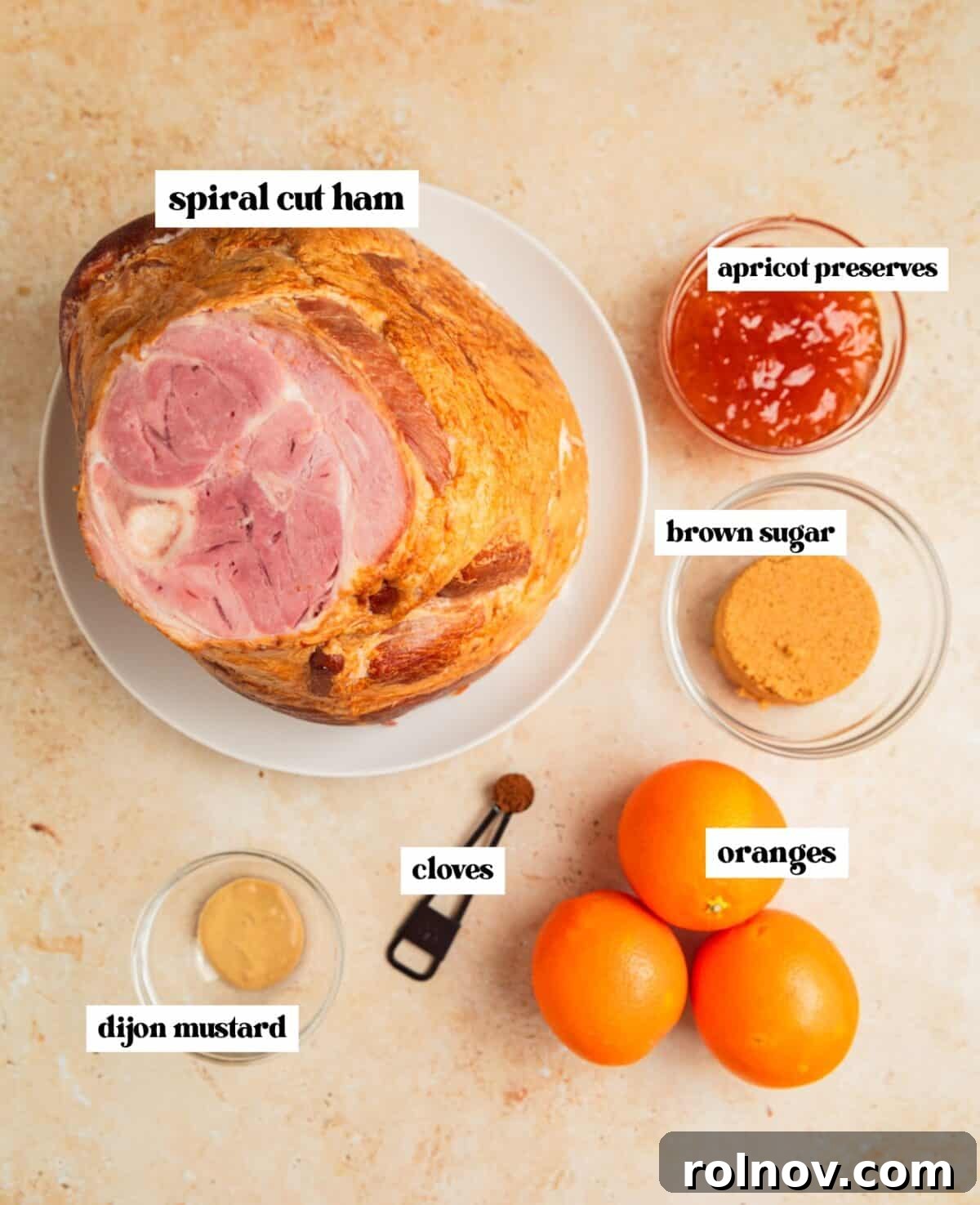 Spiral ham, oranges, dijon mustard and other labeled ingredients.