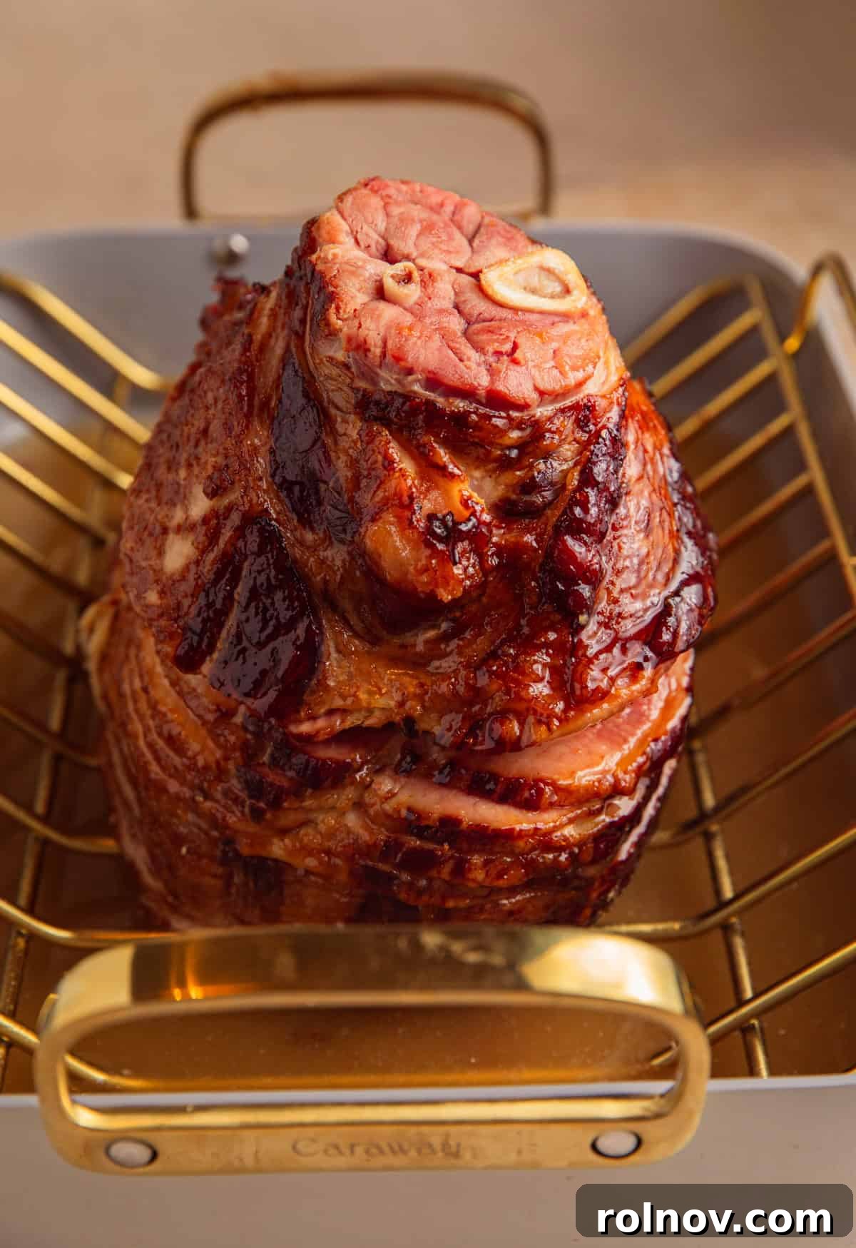 Apricot glaze added to ham.