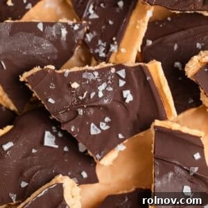 Peanut butter and dark chocolate frozen Greek yogurt bark, sprinkled with sea salt, arranged on parchment paper.