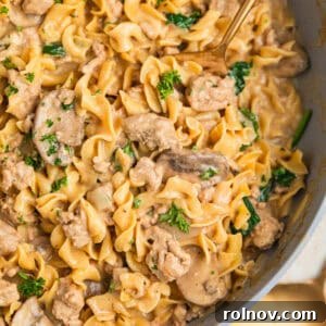 A skillet filled with creamy ground turkey stroganoff, egg noodles, and mushrooms, garnished with chopped parsley.