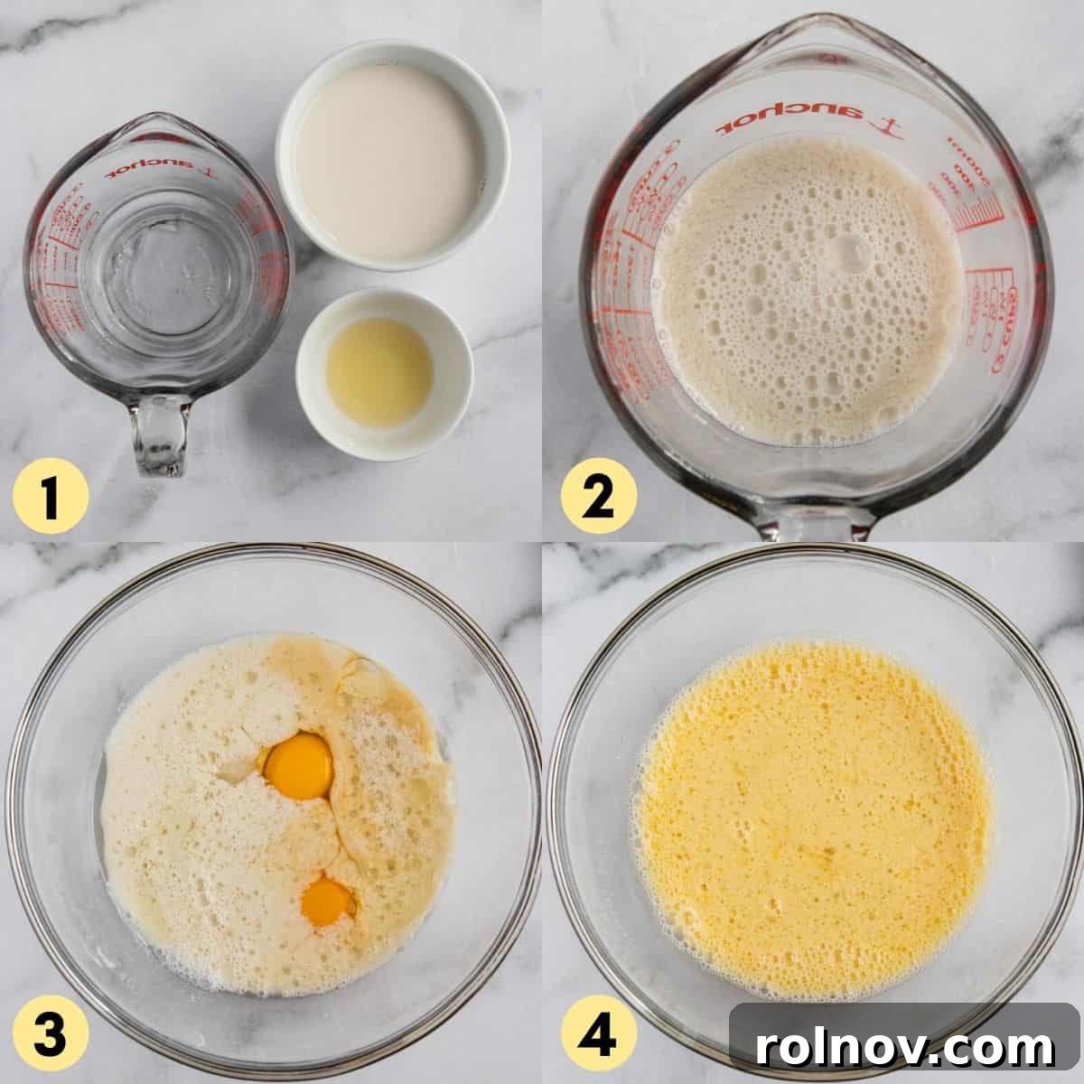 Two images side by side: one shows wet ingredients in a mixing bowl, and the other depicts dairy-free buttermilk being made in a glass.
