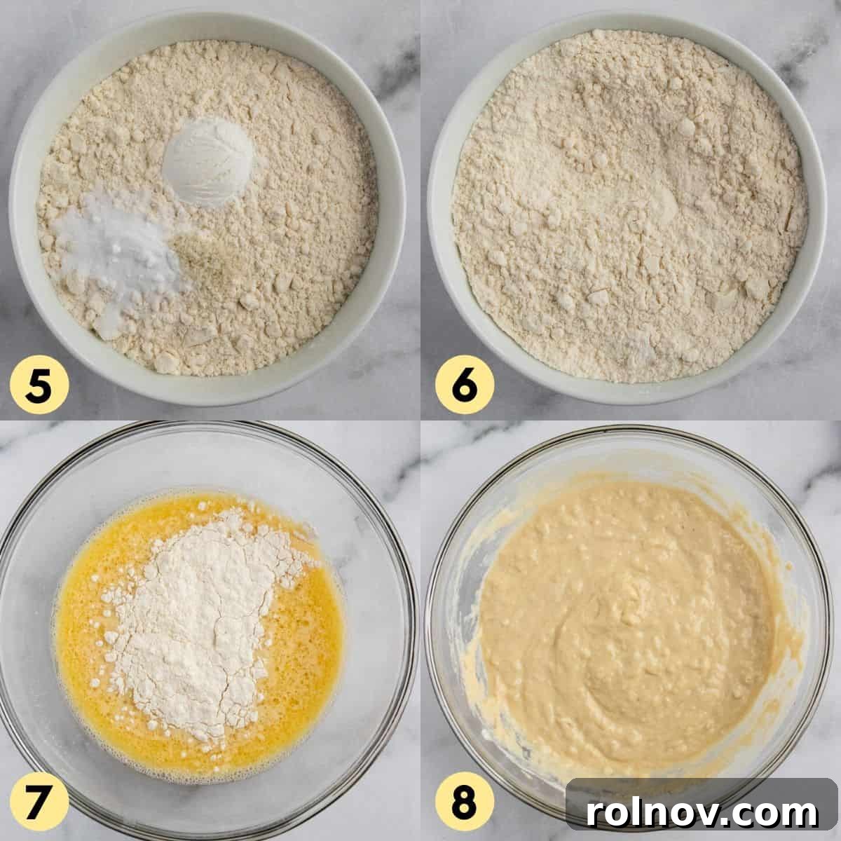 Two images side by side: one shows dry pancake ingredients whisked in a bowl, and the other shows them being slowly added to the wet ingredients.
