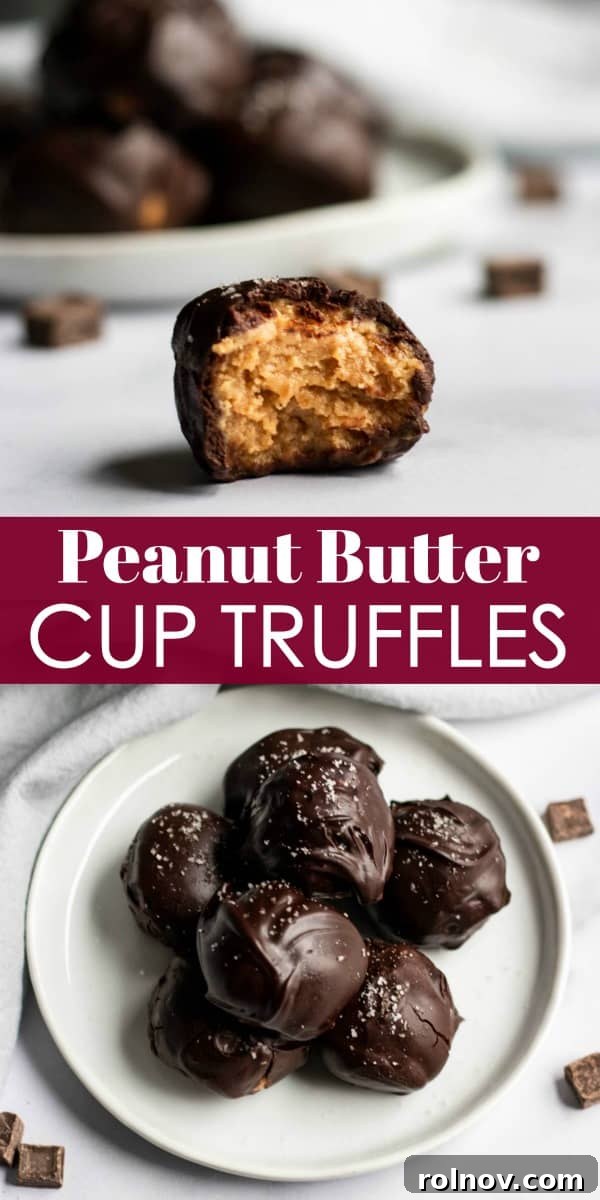 Decadent Homemade Peanut Butter Cup Truffles 6 A beautifully styled photograph of multiple peanut butter cup truffles on a rustic wooden board, garnished with a sprinkle of sea salt and surrounded by fresh ingredients.