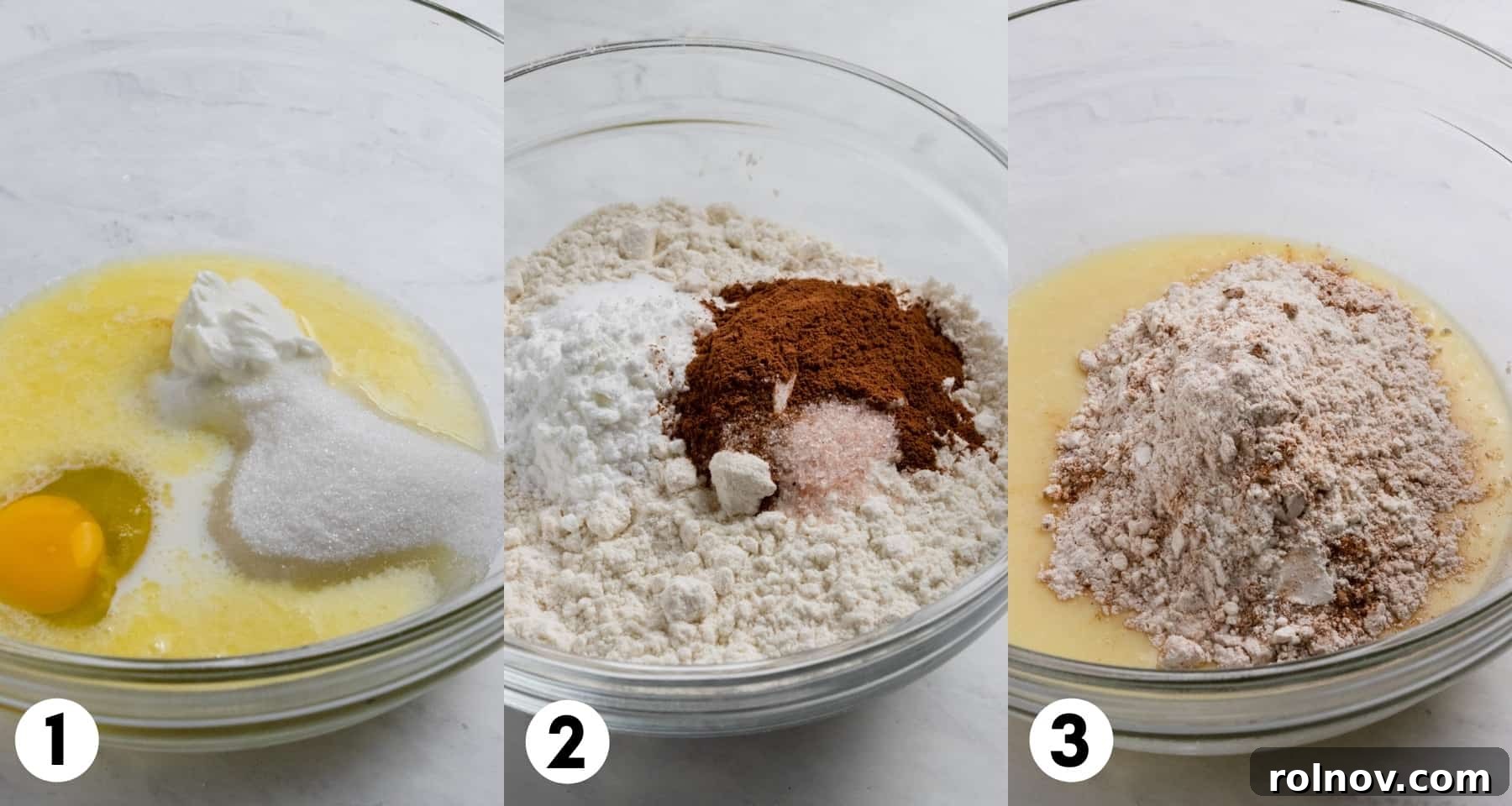 Close-up of a mixing bowl containing the wet ingredients, including whisked eggs, sugar, and milk, ready to be combined.