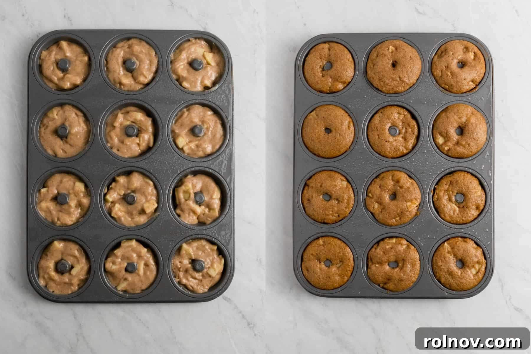 Side-by-side image showing donut batter filling a baking pan and freshly baked donuts cooling on a rack, illustrating the before and after baking stages.