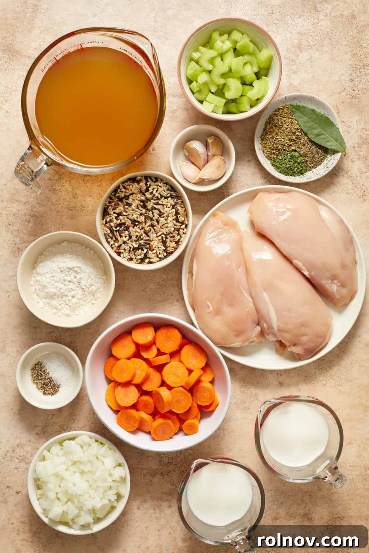 Broth, celery, carrots, chicken breast and other soup ingredients arranged on counter, ready for the slow cooker.