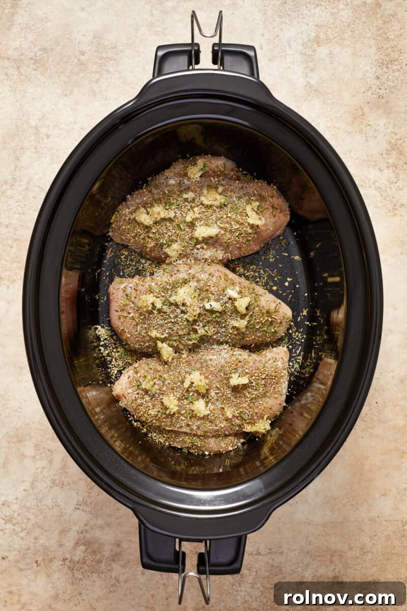 Crockpot with chicken breast before cooked topped with seasoning and minced garlic.