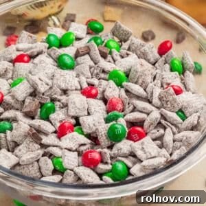 Bowl with holiday mint chocolate puppy chow.