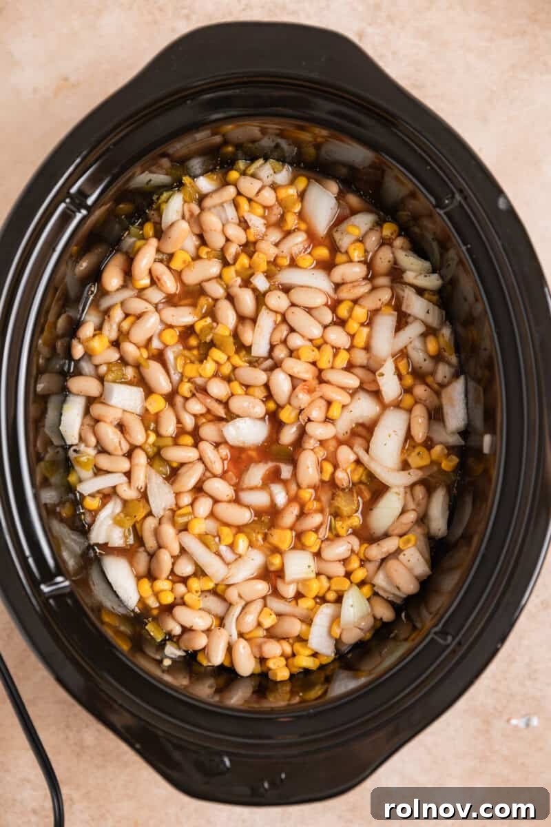 All the white chicken chili ingredients mixed together in the slow cooker, before the cooking process begins.