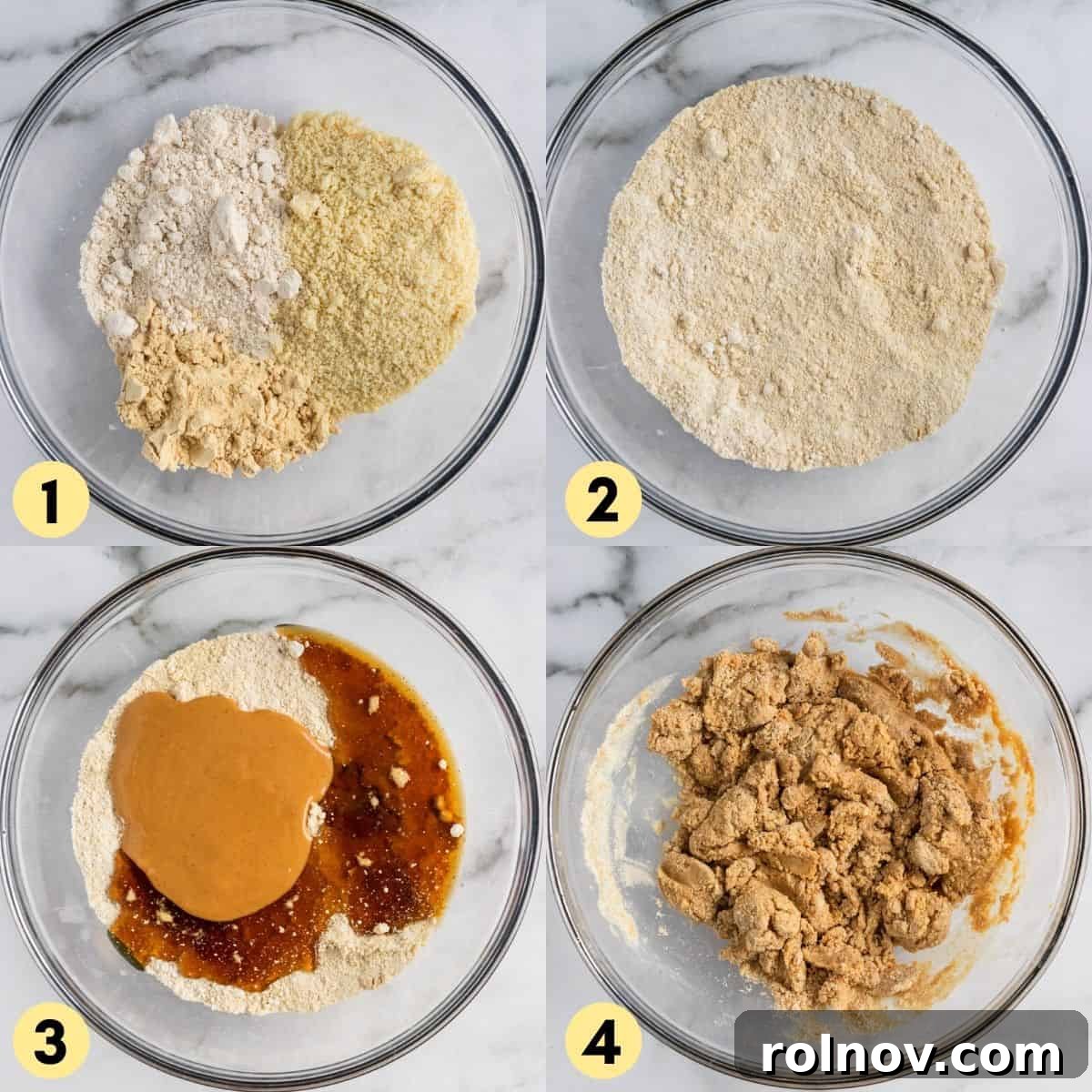 Series of process photos showing ingredients being mixed for the perfect bar recipe.