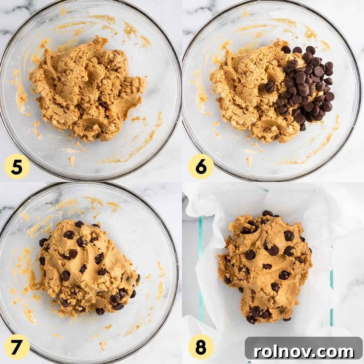 Additional steps for preparing peanut butter protein bars, showing the mixture being kneaded and chocolate chips added.