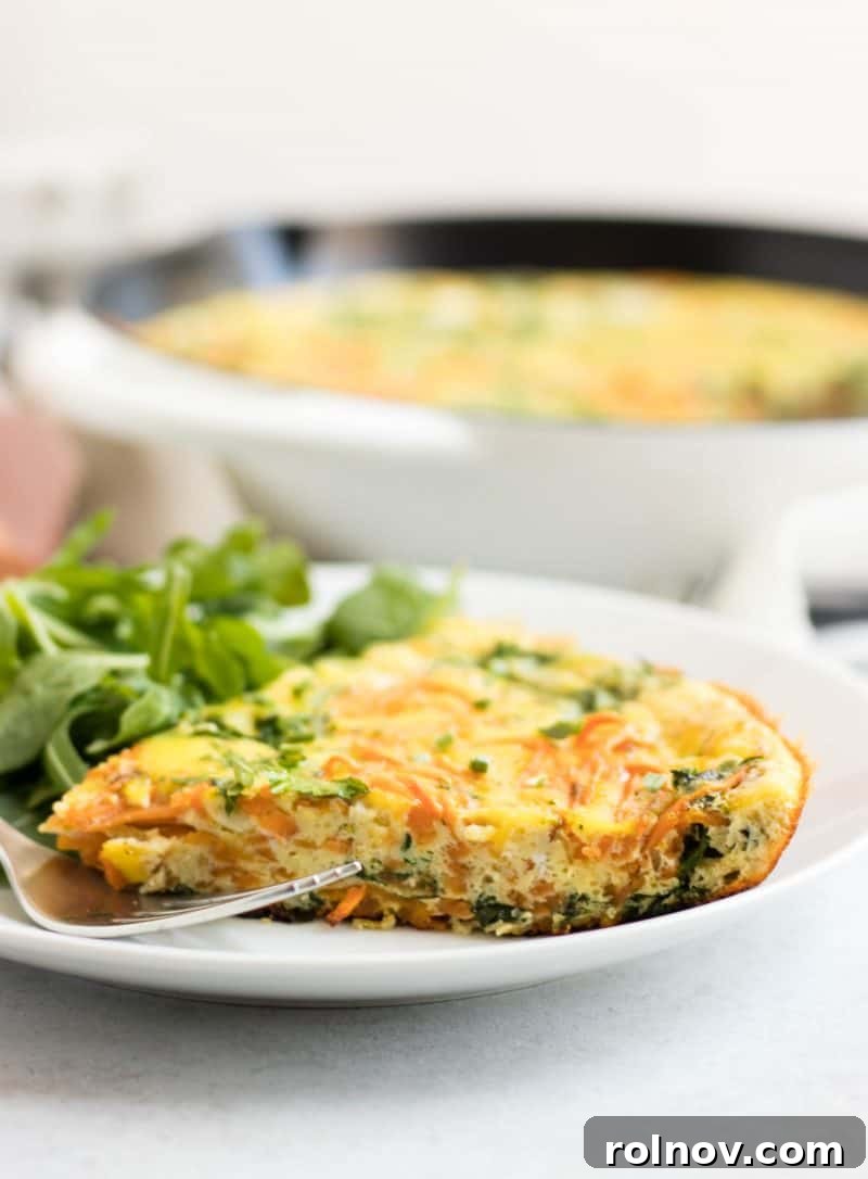 Sweet Potato Arugula Spiral Frittata 2 Slice of golden sweet potato frittata topped with fresh baby arugula, served on a white plate with a fork.