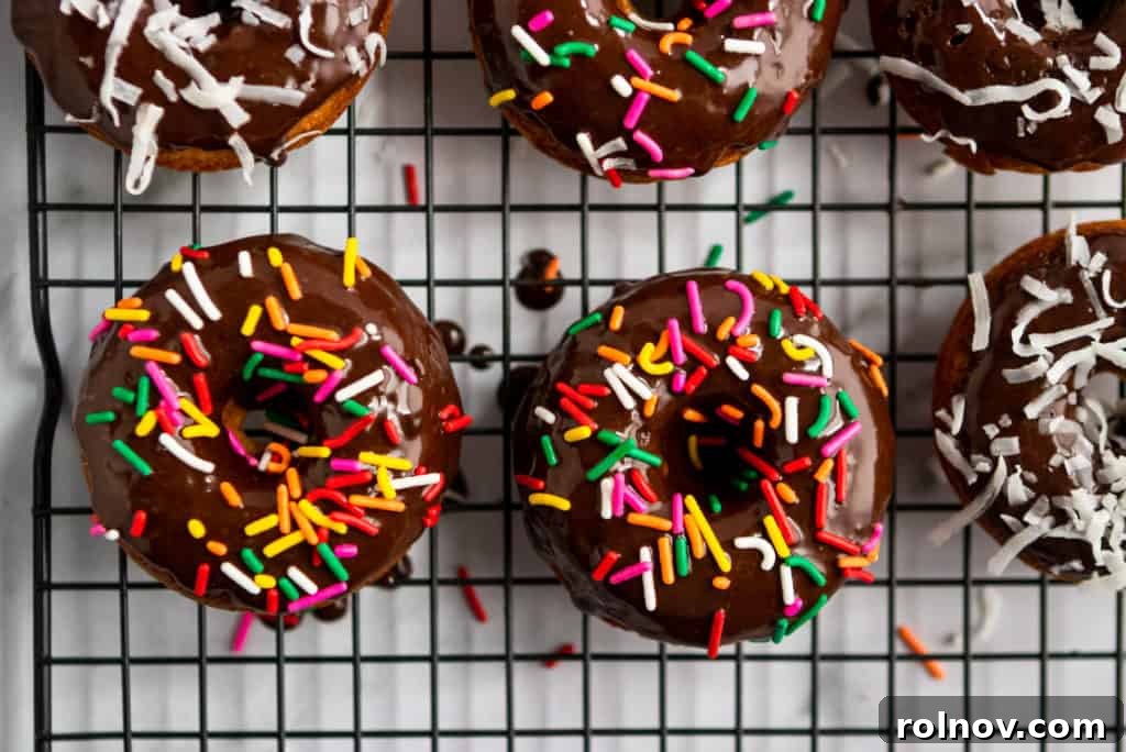 Wholesome Greek Yogurt Doughnuts 2 Chocolate glazed whole wheat donuts with sprinkles on cooling rack.